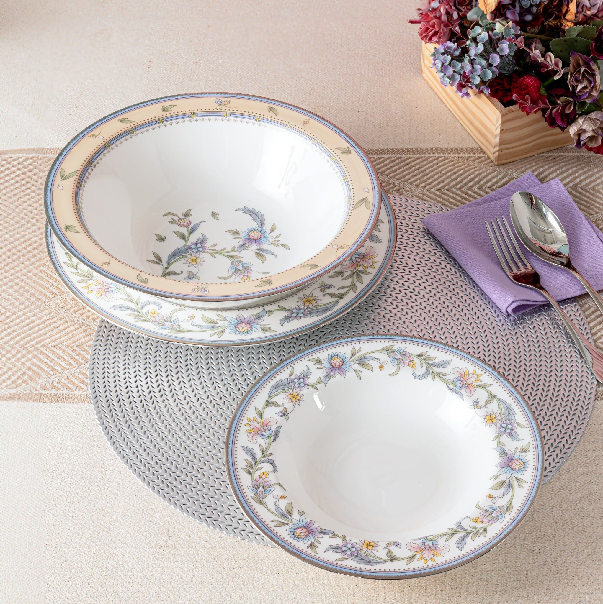 Bộ bát đĩa ăn châu Á cơ bản 22 món (cho 6 người) sứ xương | Noritake Jardin Fleuri 4910L - D022AB