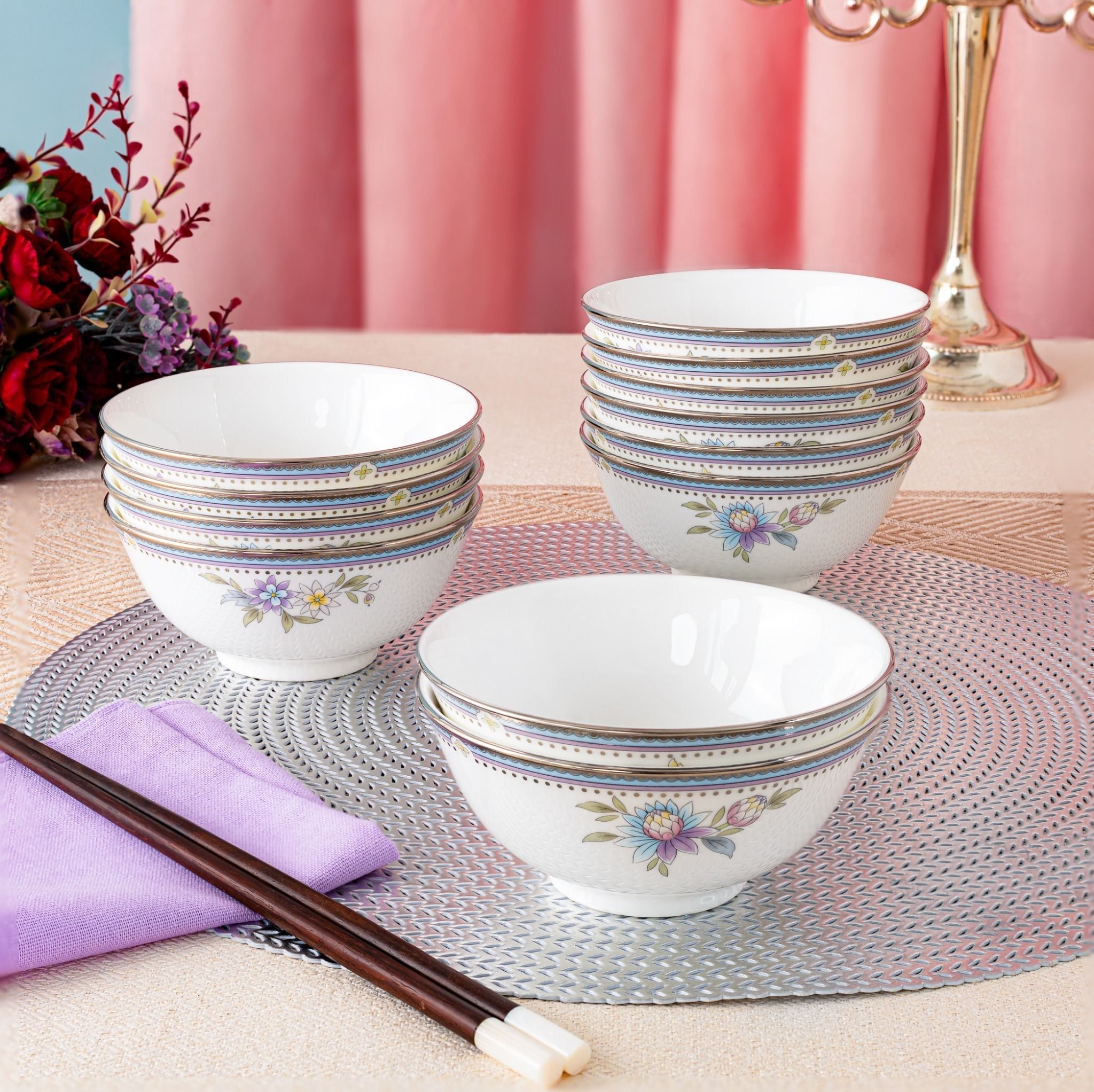 Bộ bát đĩa ăn châu Á cơ bản 22 món (cho 6 người) sứ xương | Noritake Jardin Fleuri 4910L - D022AB