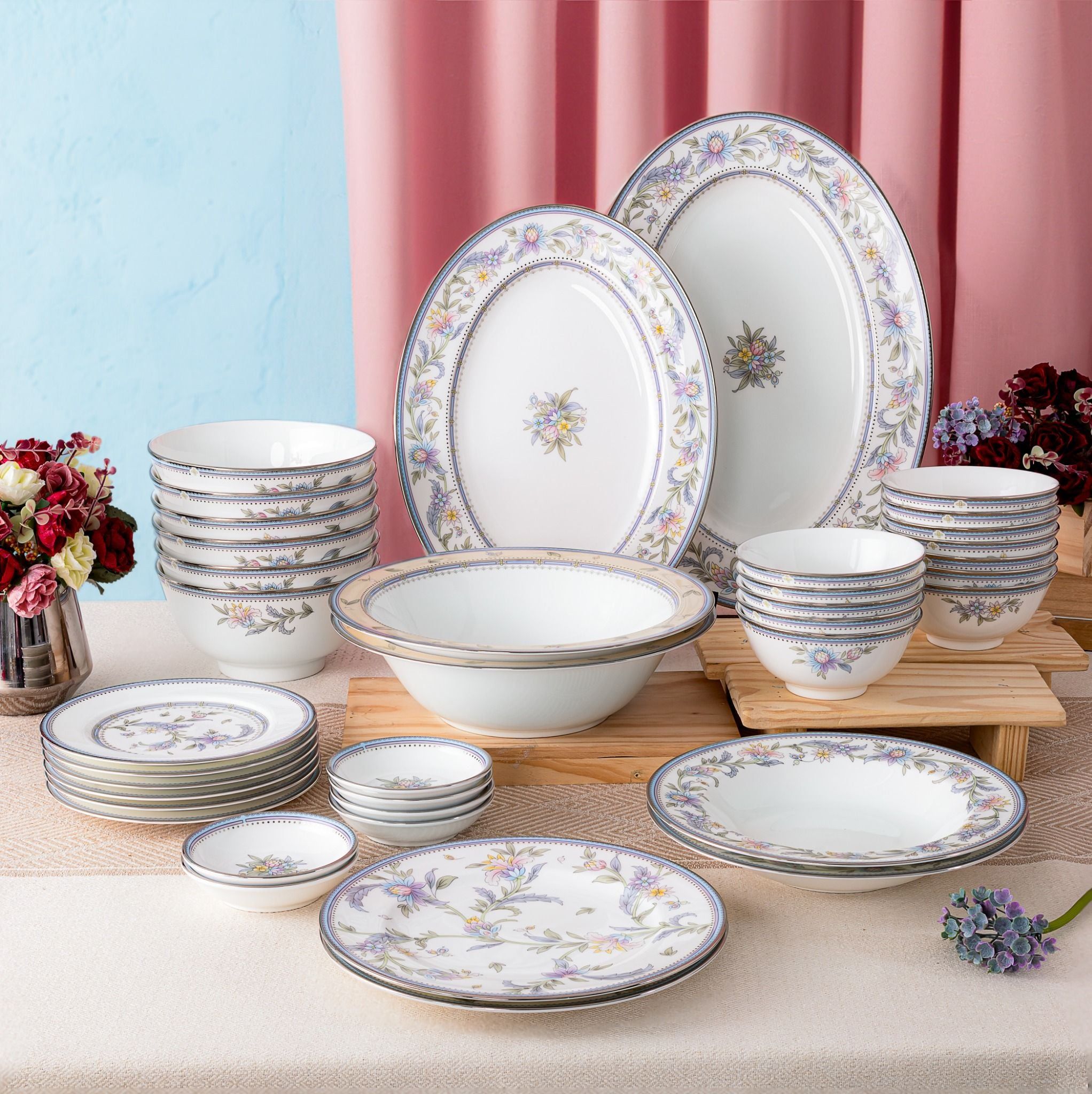 Bộ bát đĩa ăn châu Á đầy đủ 38 món (cho 6 người) sứ xương | Noritake Jardin Fleuri 4910L - D038AC