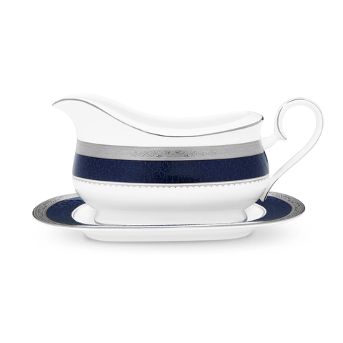  Bình (hũ) đựng nước xốt dung tích 630ml kèm đĩa lót sứ xương | Noritake Odessa Cobalt Platinum 4922L - 97241 