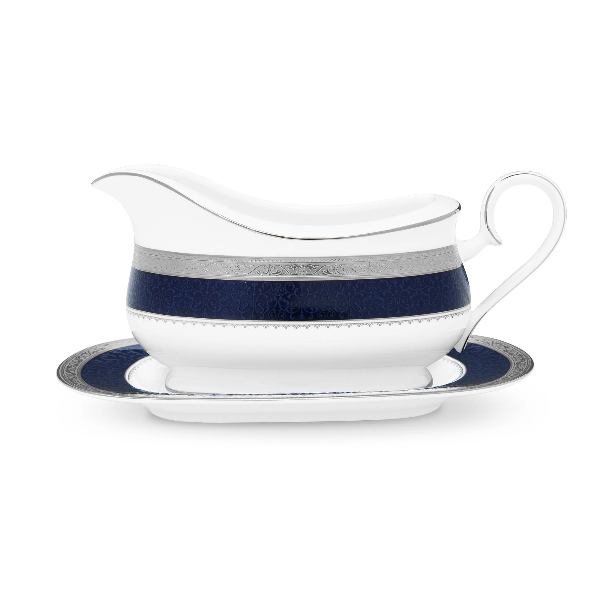 Bình (hũ) đựng nước xốt dung tích 630ml kèm đĩa lót sứ xương | Noritake Odessa Cobalt Platinum 4922L - 97241