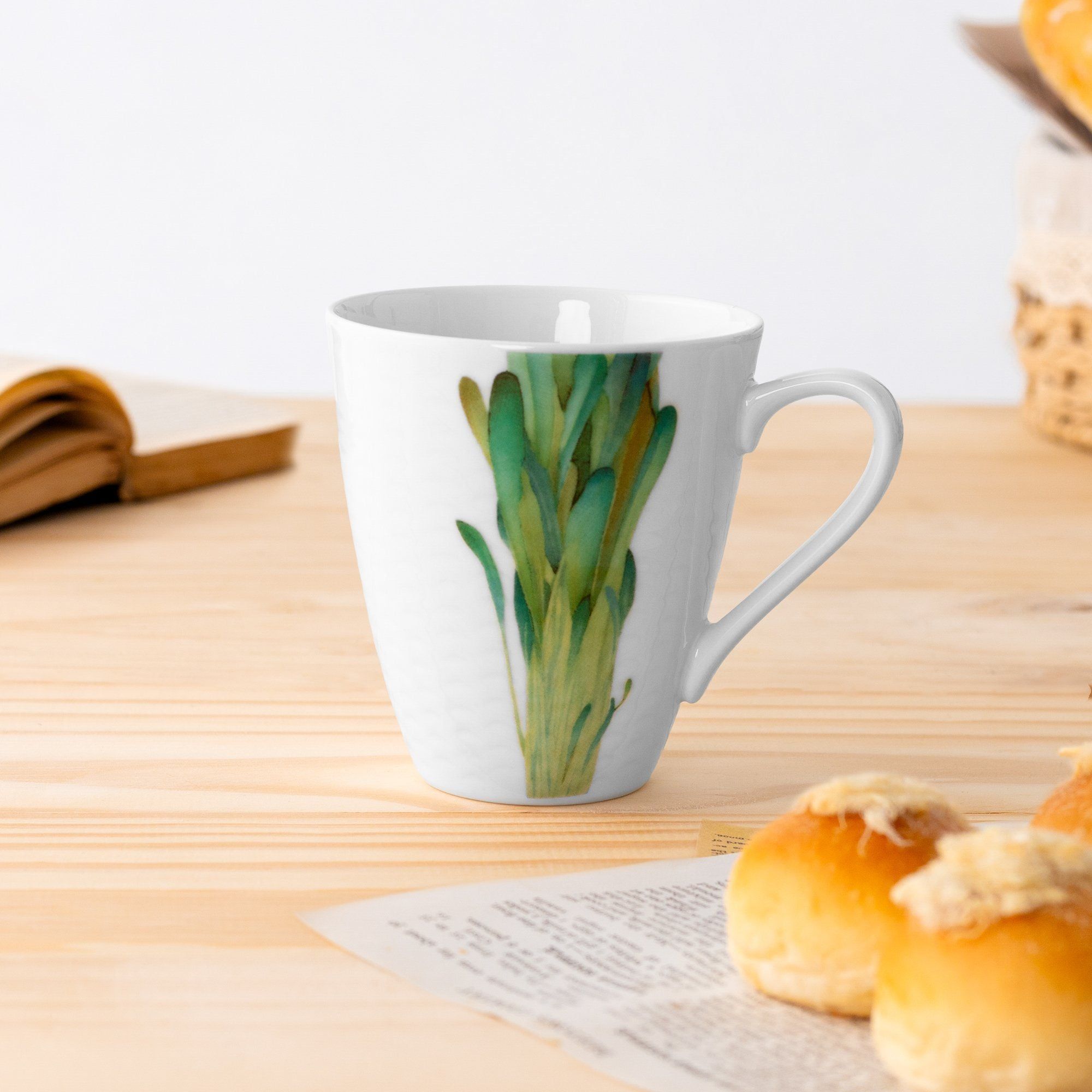 Cốc (ly) uống nước, cà phê 295ml (họa tiết cải Mibuna) sứ trắng | Noritake Kyoka Shunsai 1620-2L - 94555C