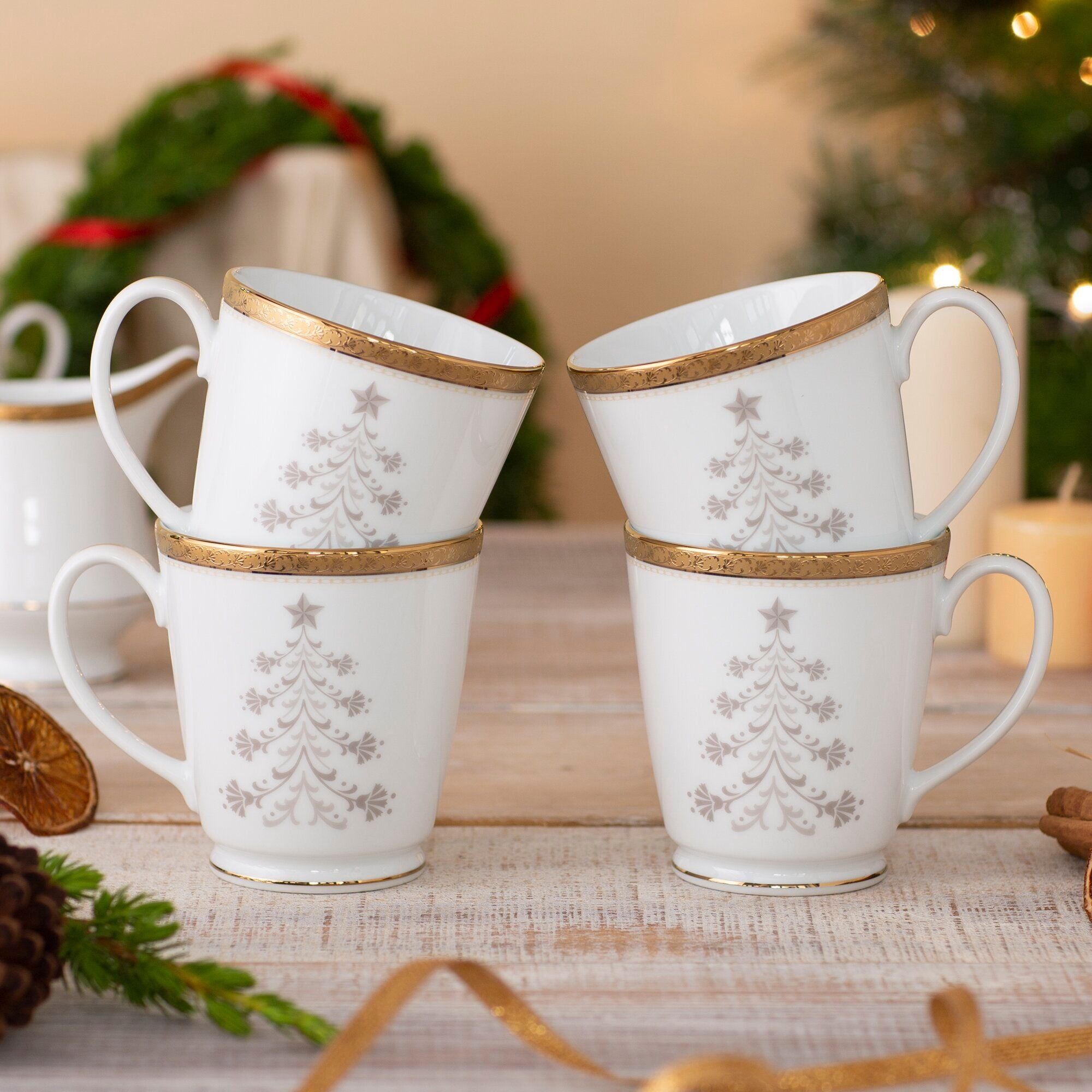 Cốc (ly) uống nước, cà phê 370ml phiên bản Giáng Sinh sứ trắng | Noritake Charlotta Holiday 1716-3L - T91058K