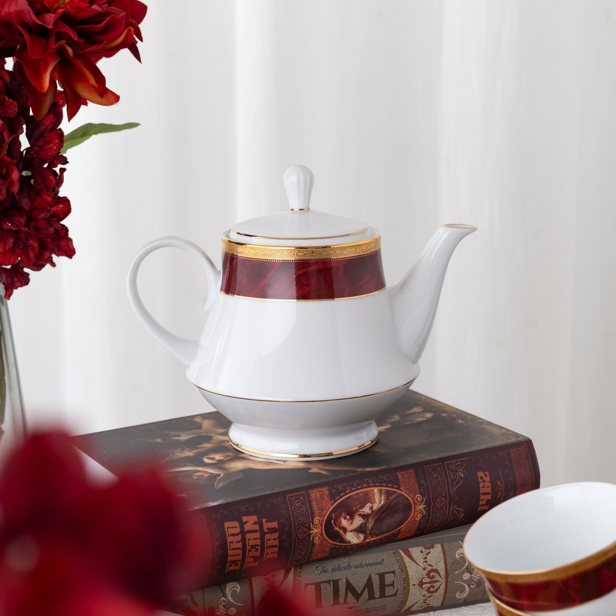 Bộ ấm chén uống trà (ấm 1.200ml, chén 230ml) (đỏ - Ruby) 15 món sứ trắng | Noritake Majestic Burgun M-166L - T017A