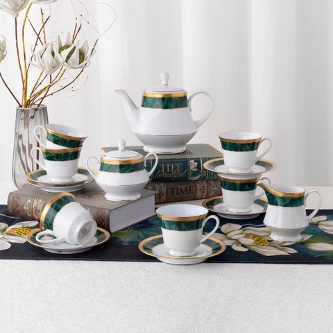  Bộ ấm chén uống trà (ấm 1.200ml, chén 230ml) (xanh - Jade) 15 món sứ trắng | Noritake Majestic Green M-164L - T017A 
