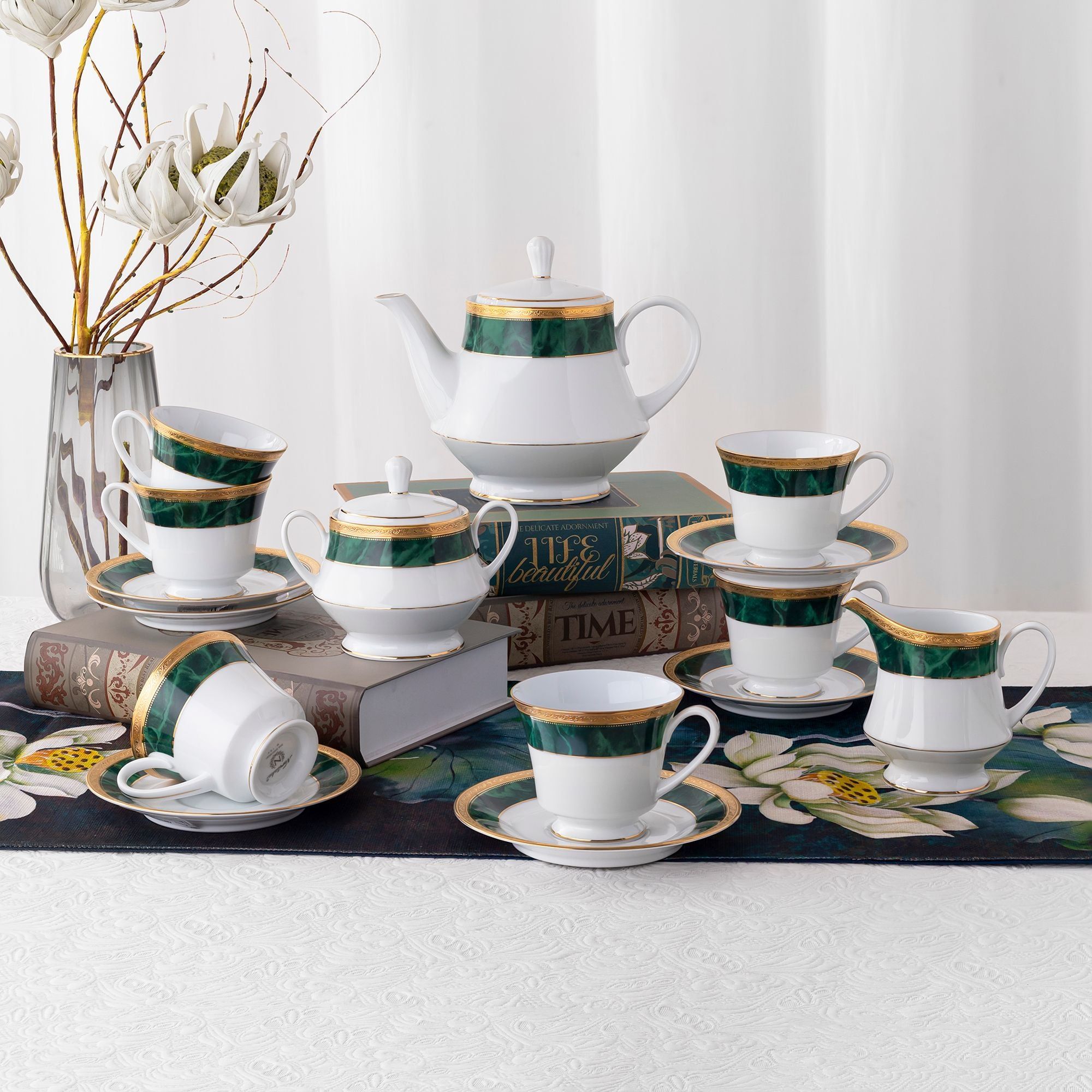 Bộ ấm chén uống trà (ấm 1.200ml, chén 230ml) (xanh - Jade) 15 món sứ trắng | Noritake Majestic Green M-164L - T017A