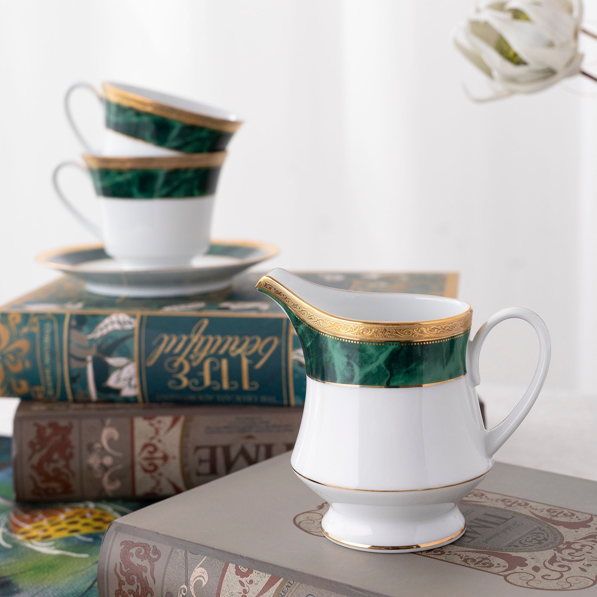 Bộ ấm chén uống trà (ấm 1.200ml, chén 230ml) (xanh - Jade) 15 món sứ trắng | Noritake Majestic Green M-164L - T017A