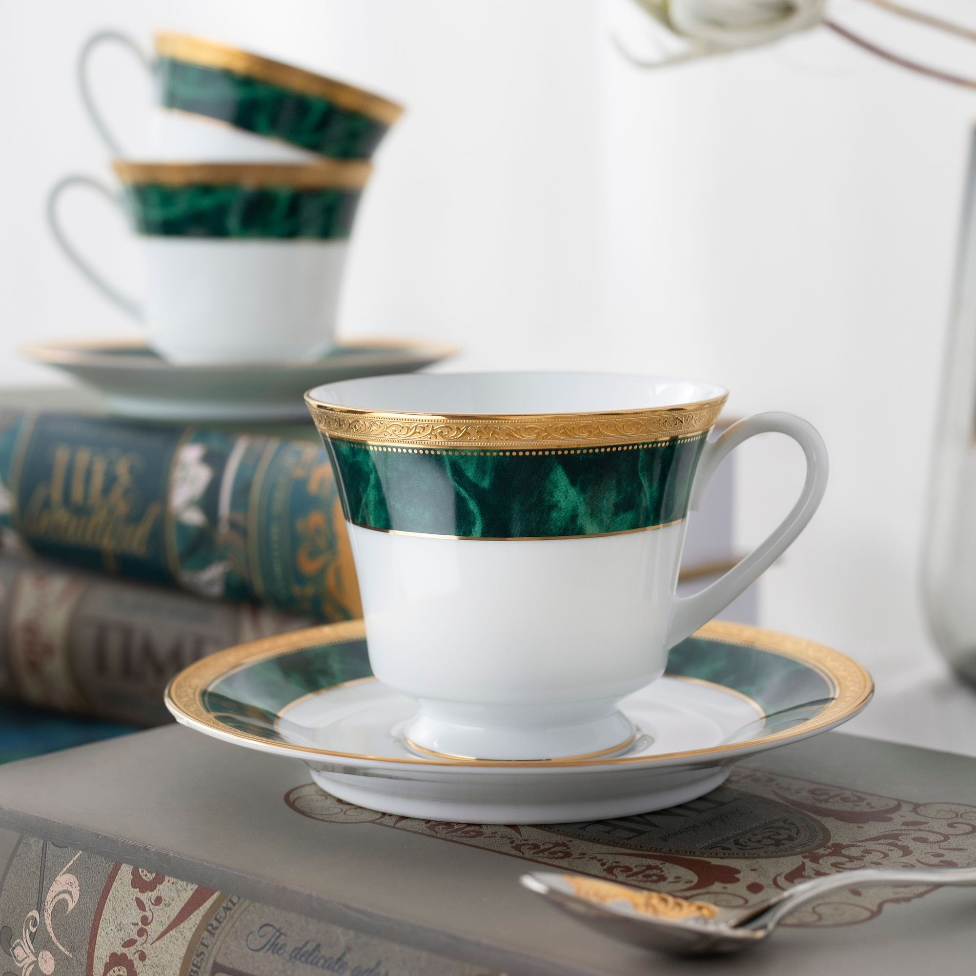 Bộ ấm chén uống trà (ấm 1.200ml, chén 230ml) (xanh - Jade) 15 món sứ trắng | Noritake Majestic Green M-164L - T017A