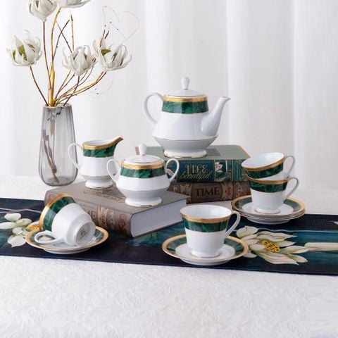  Bộ ấm chén uống trà (ấm 1.200ml, chén 230ml) (xanh - Jade) 15 món sứ trắng | Noritake Majestic Green M-164L - T017A 