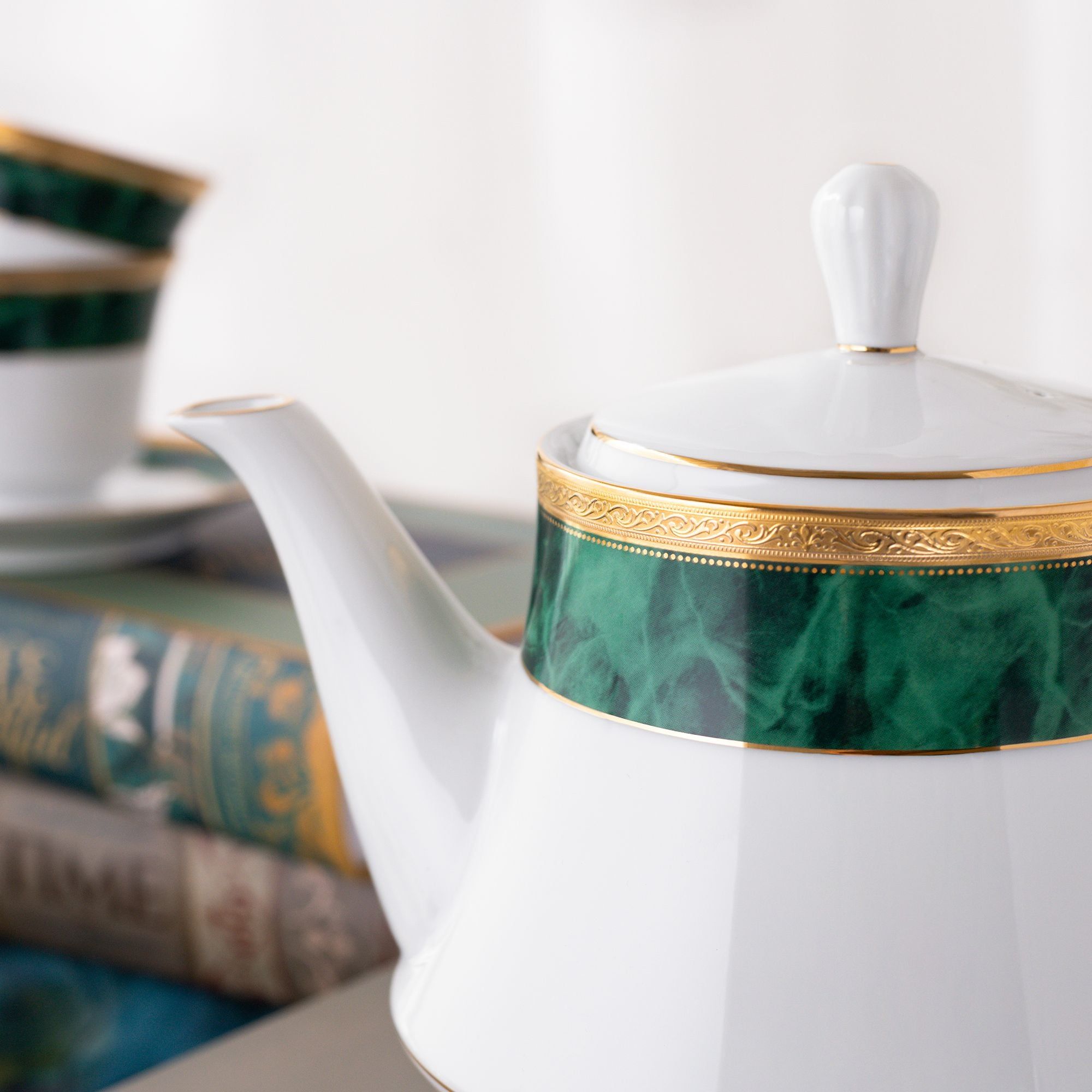 Bộ ấm chén uống trà (ấm 1.200ml, chén 230ml) (xanh - Jade) 15 món sứ trắng | Noritake Majestic Green M-164L - T017A