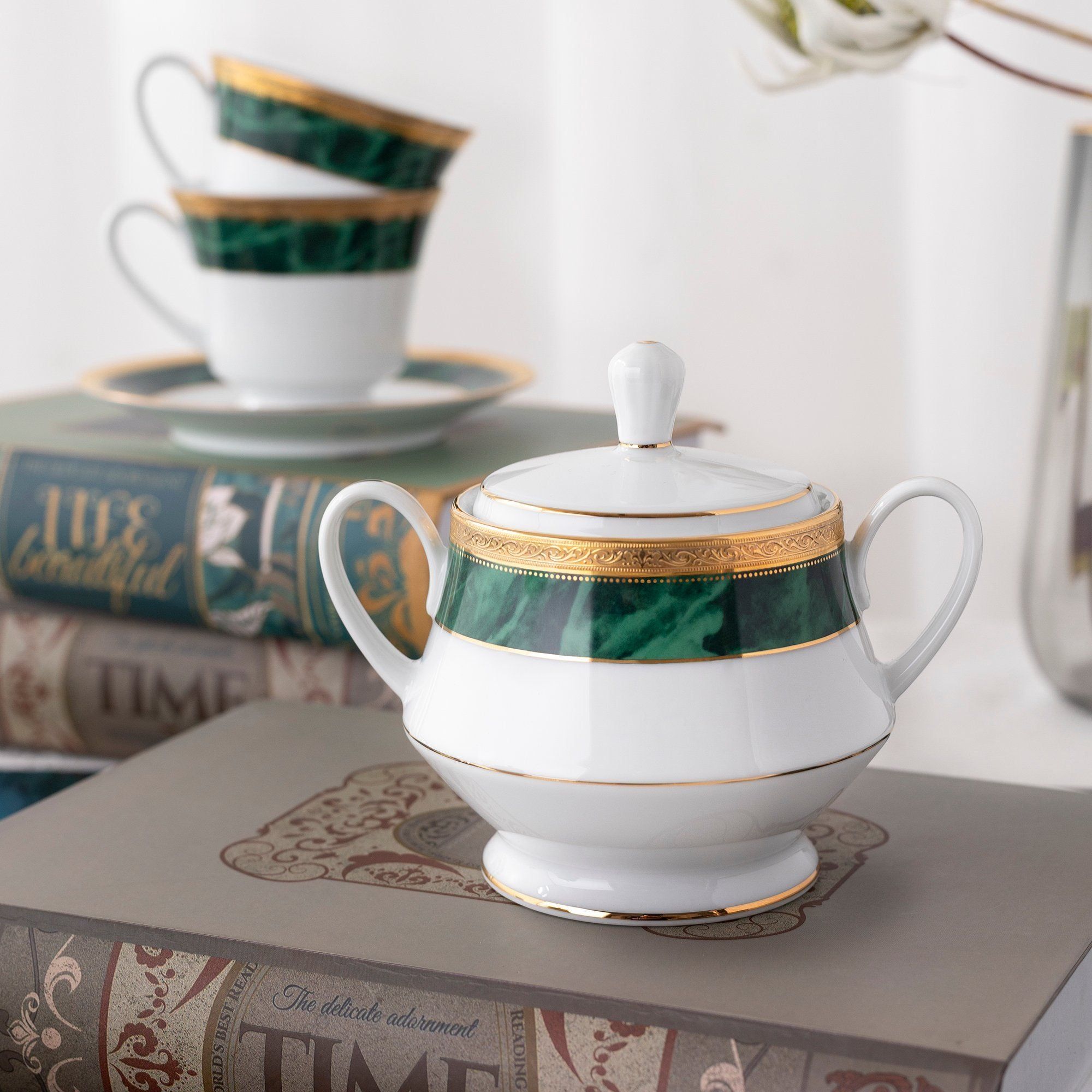 Bộ ấm chén uống trà (ấm 1.200ml, chén 230ml) (xanh - Jade) 15 món sứ trắng | Noritake Majestic Green M-164L - T017A