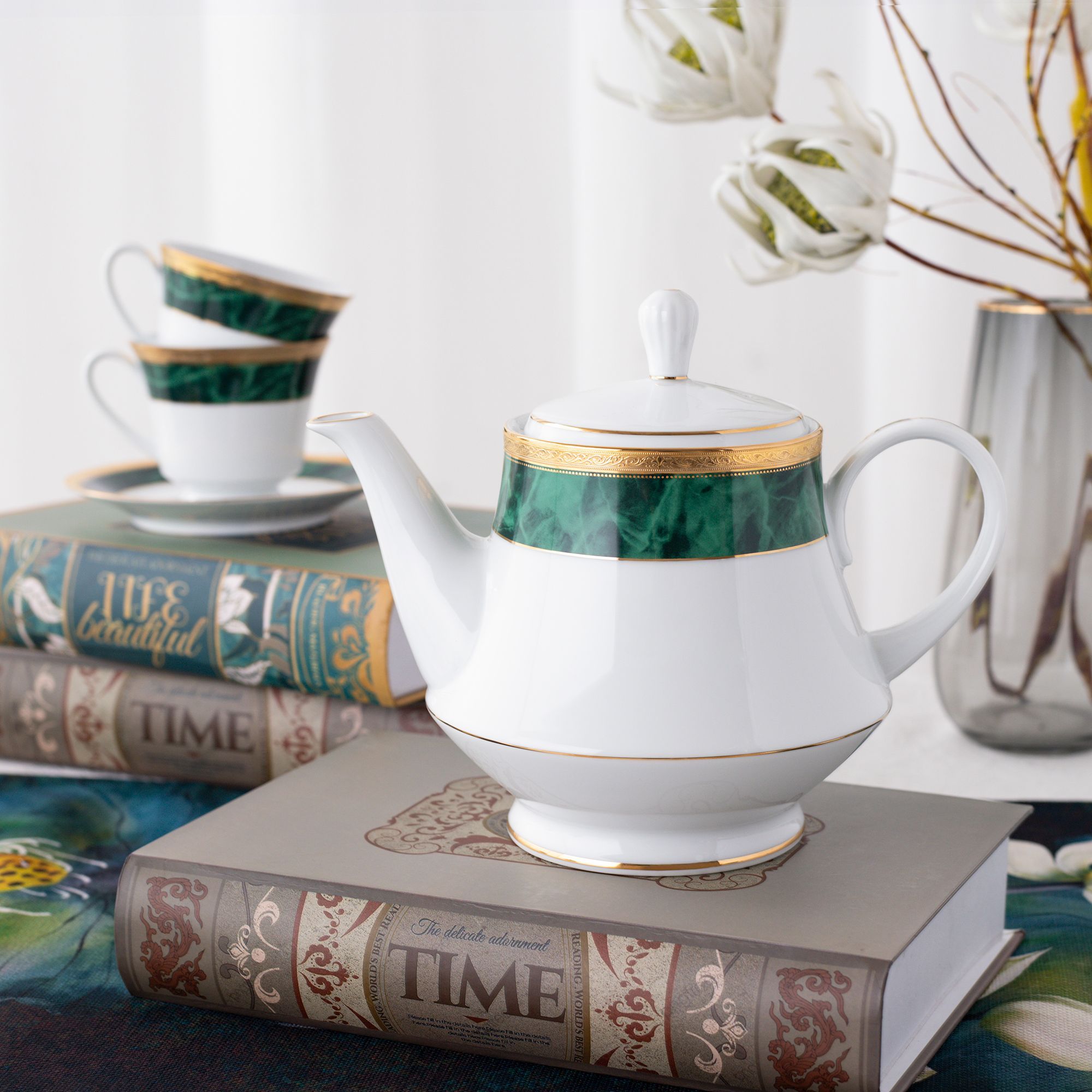 Bộ ấm chén uống trà (ấm 1.200ml, chén 230ml) (xanh - Jade) 15 món sứ trắng | Noritake Majestic Green M-164L - T017A