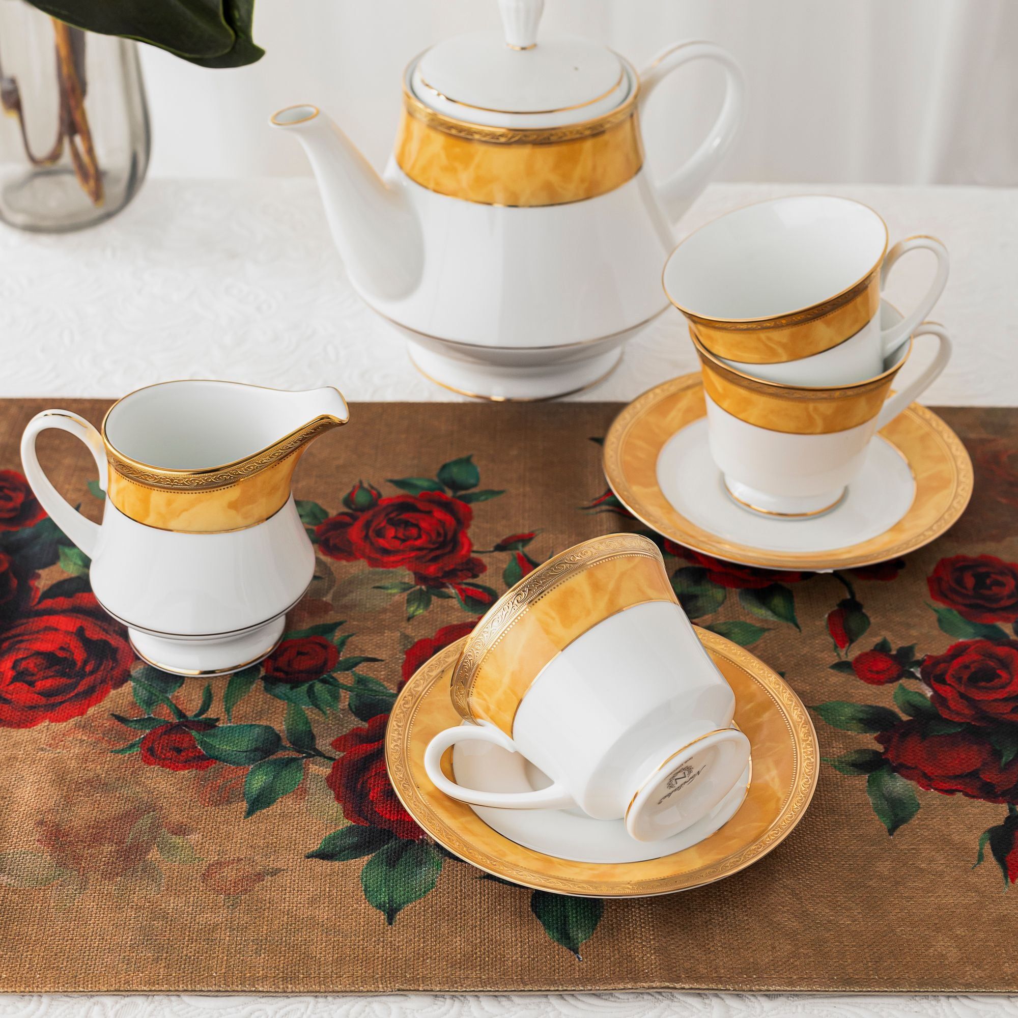 Bộ ấm chén uống trà (ấm 1.200ml, chén 230ml) (vàng - Thạch Anh) 15 món sứ trắng | Noritake Majestic Yellow M-168L - T017A