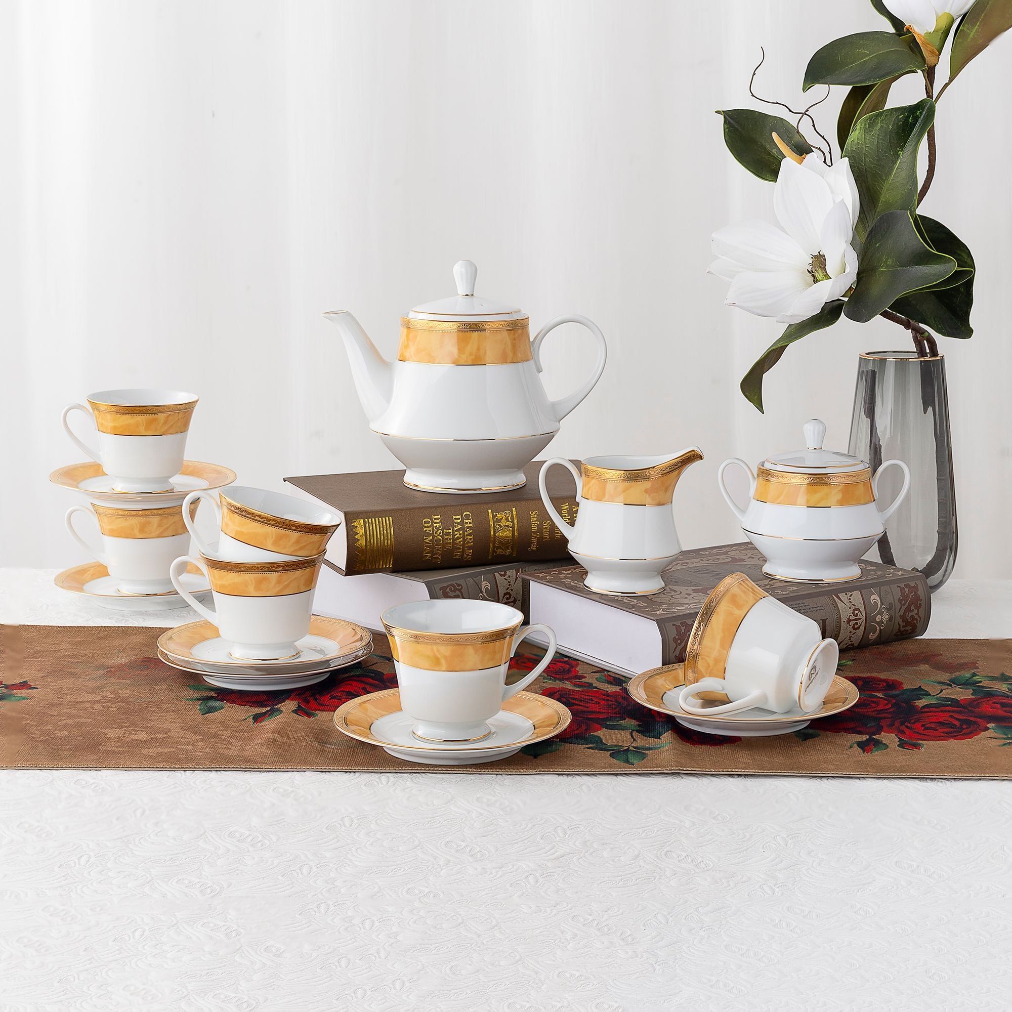 Bộ ấm chén uống trà (ấm 1.200ml, chén 230ml) (vàng - Thạch Anh) 15 món sứ trắng | Noritake Majestic Yellow M-168L - T017A