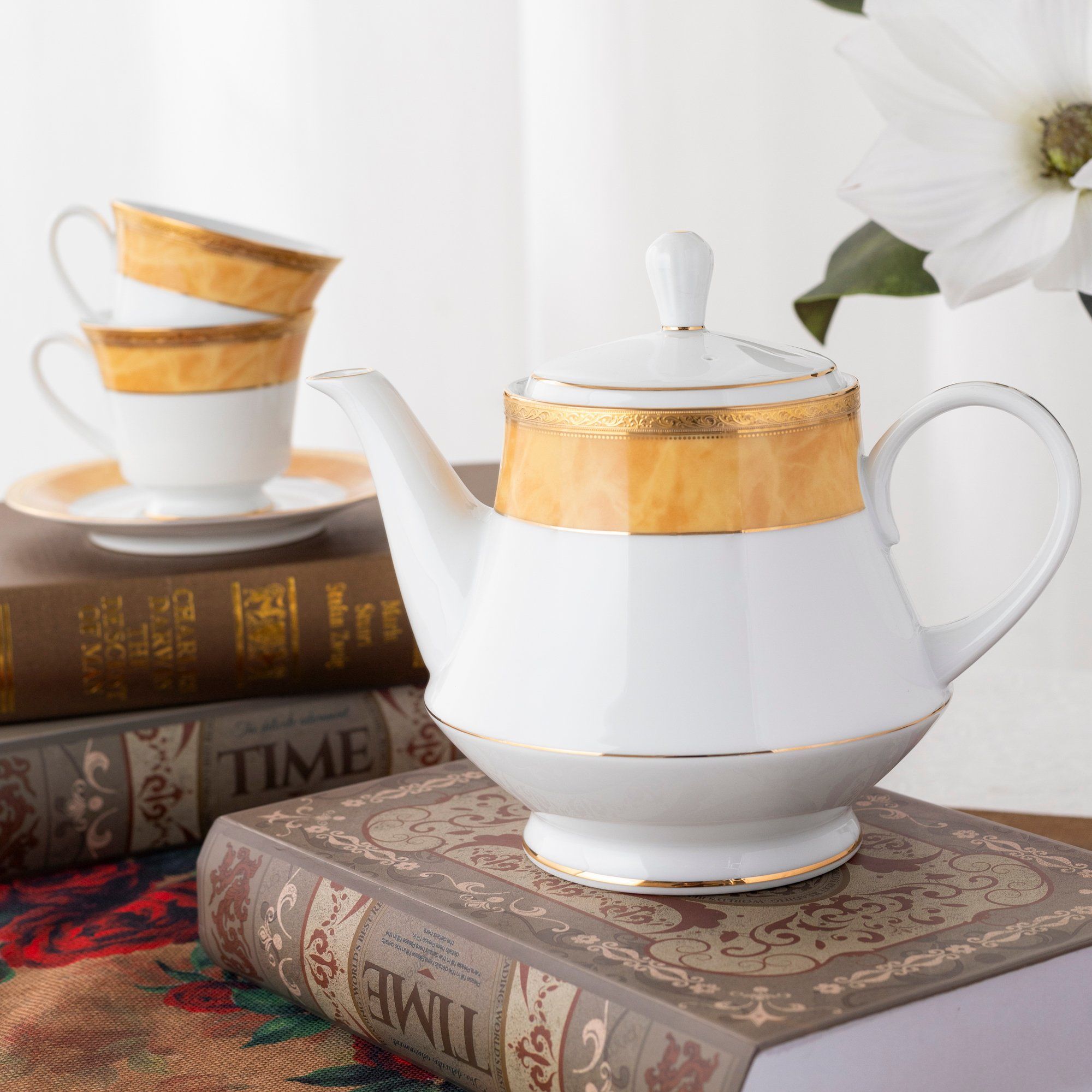 Bộ ấm chén uống trà (ấm 1.200ml, chén 230ml) (vàng - Thạch Anh) 15 món sứ trắng | Noritake Majestic Yellow M-168L - T017A