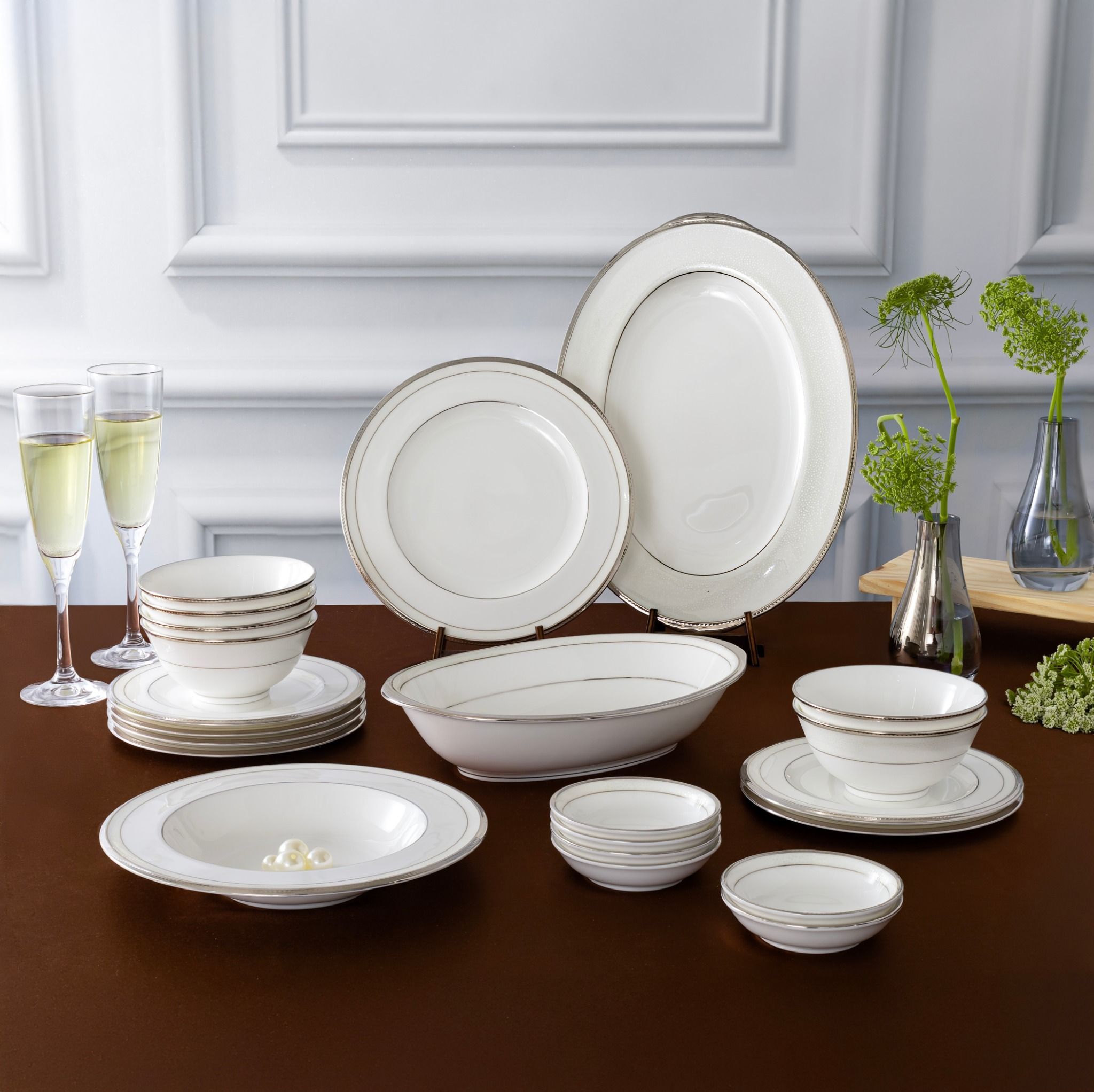 Bộ bát đĩa ăn châu Á cơ bản 22 món (cho 6 người) sứ xương Nhật Bản | Noritake Champagne Pearls 4811J - D022AA