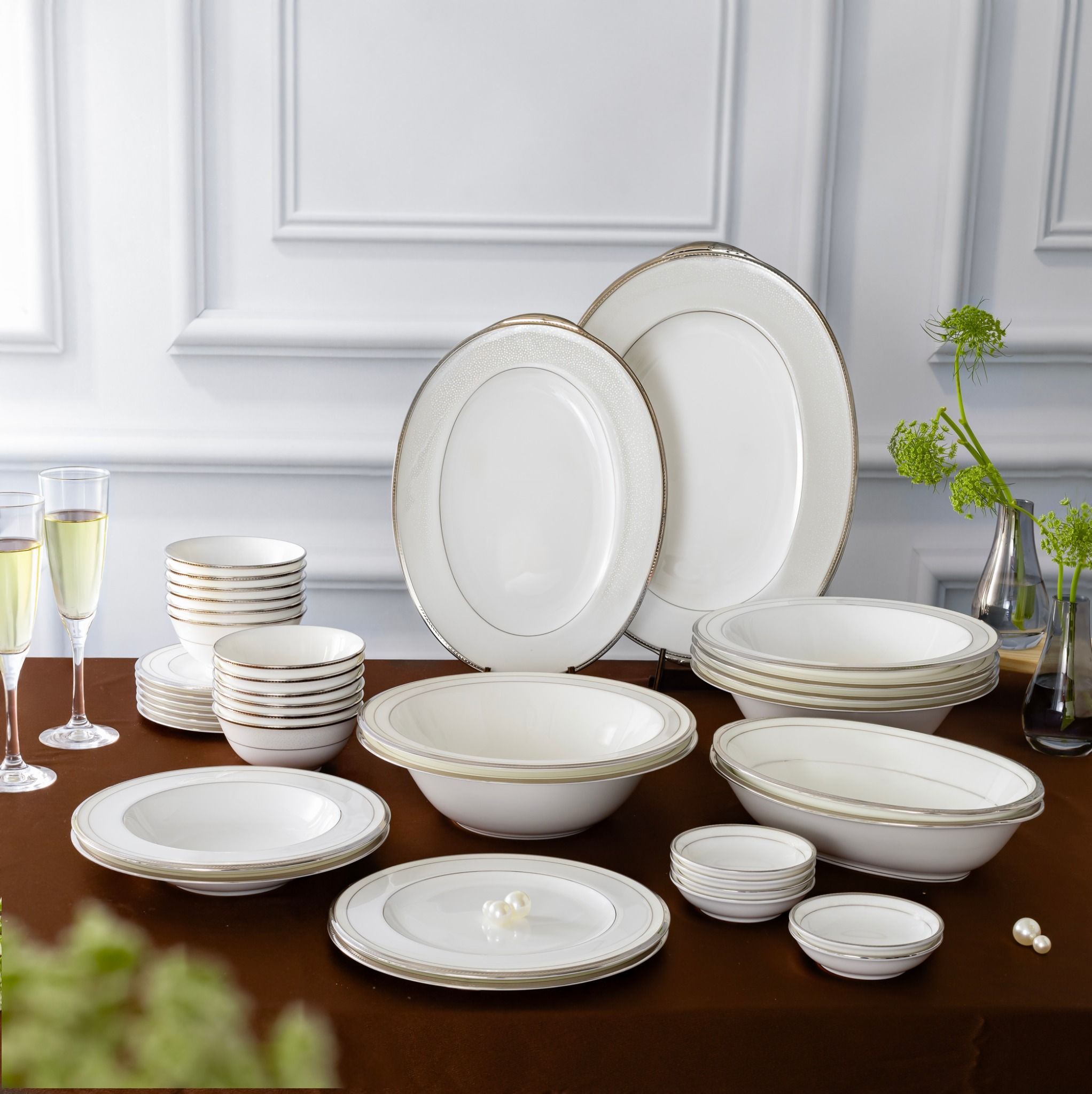 Bộ bát đĩa ăn châu Á đầy đủ 38 món (cho 6 người) sứ xương Nhật Bản | Noritake Champagne Pearls 4811J - D038AA