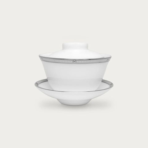  Chén trà (tách trà) châu Á (không quai cầm) 160ml có nắp đậy kèm đĩa lót sứ xương | Noritake Rochelle Platinum 4795L - T50157A 