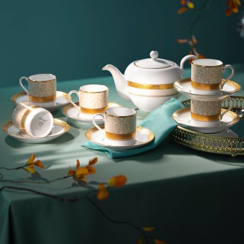  Bộ ấm chén uống trà nhỏ (ấm 650ml, chén 90ml) 13 món sứ xương | Noritake Odessa Gold 4874L - T014S 