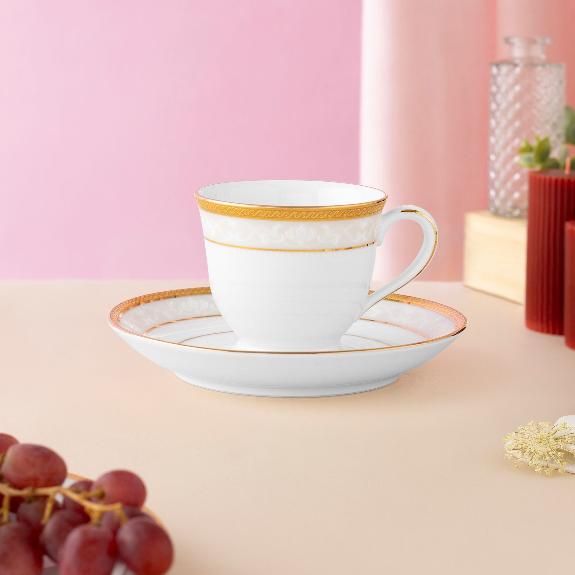 Chén trà (tách trà) nhỏ dung tích 90ml kèm đĩa lót sứ trắng | Noritake Hampshire Gold 4335L - T91392