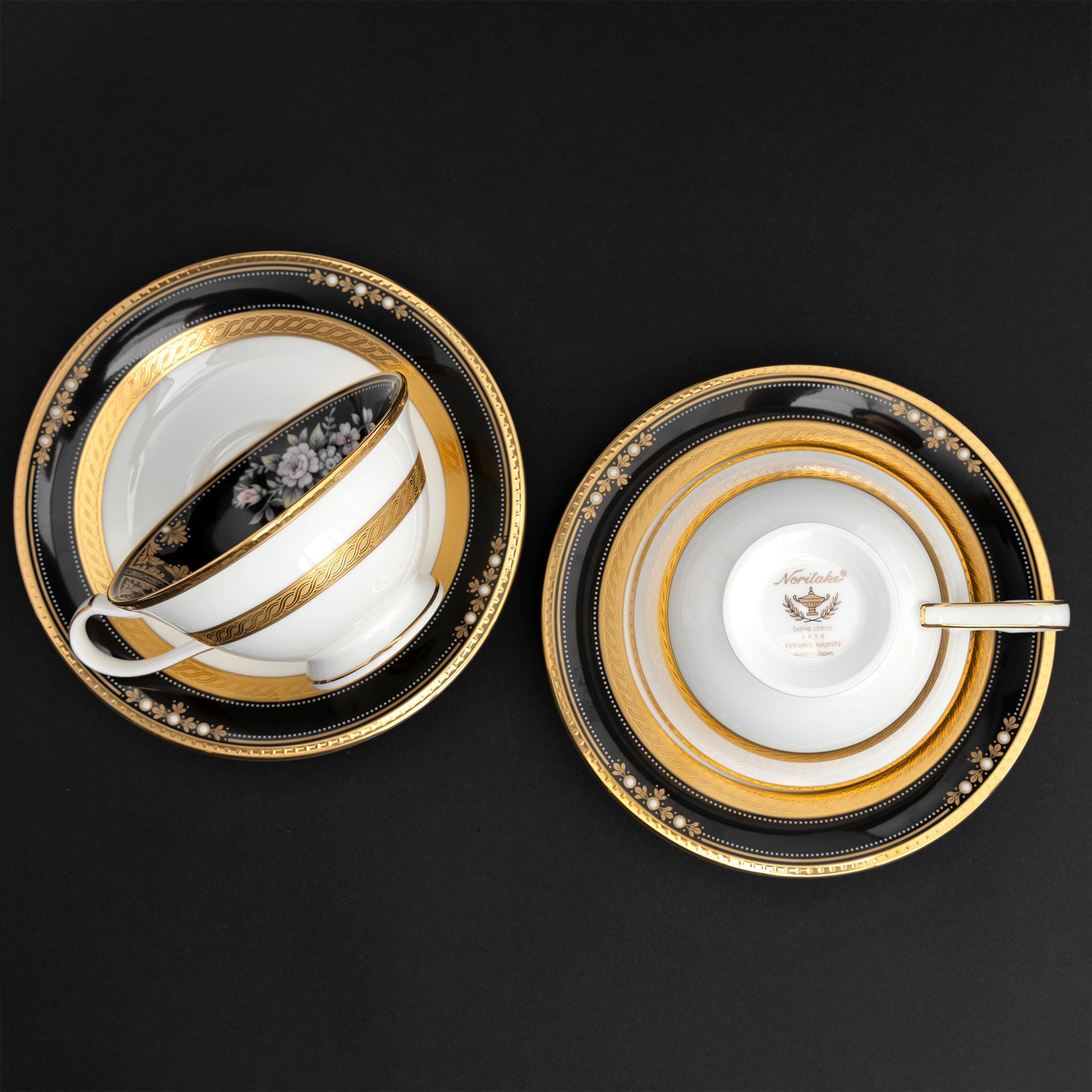 Chén trà (tách trà) dáng loe dung tích 220ml kèm đĩa lót sứ xương Nhật Bản | Noritake Evening Majesty 4818-1J - T59587