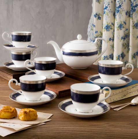  Bộ ấm chén uống trà (ấm 1.150ml, chén 230ml) 13 món sứ xương | Noritake Odessa Cobalt Platinum 4922L - T014R 