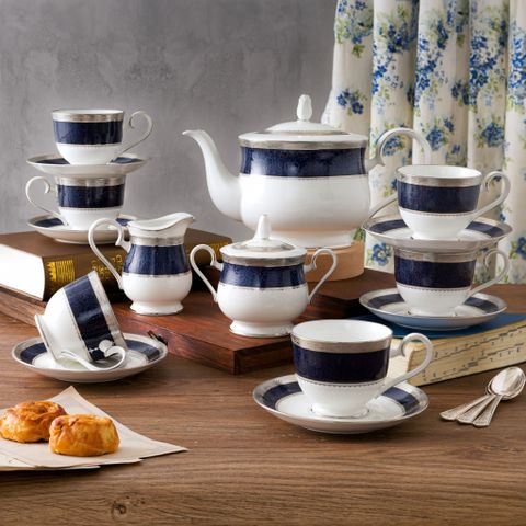  Bộ ấm chén uống trà (ấm 1.300ml, chén 230ml) 15 món sứ xương | Noritake Odessa Cobalt Platinum 4922L - T017A 