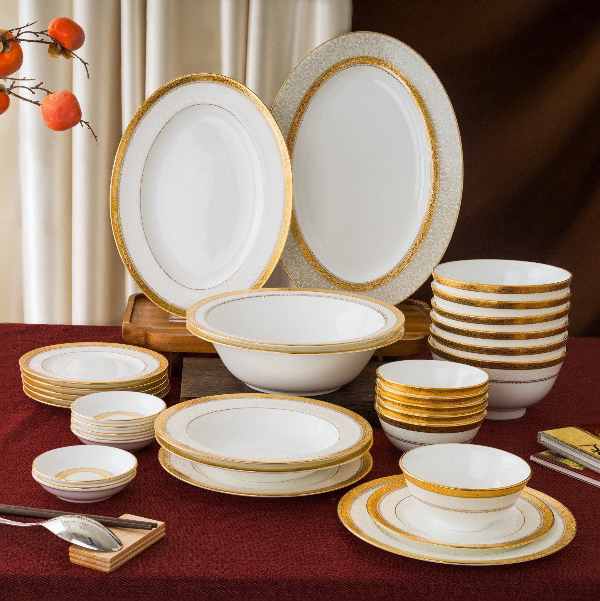 Bộ bát đĩa ăn châu Á đầy đủ 38 món (cho 6 người) sứ xương | Noritake Odessa Gold 4874L - D038AC