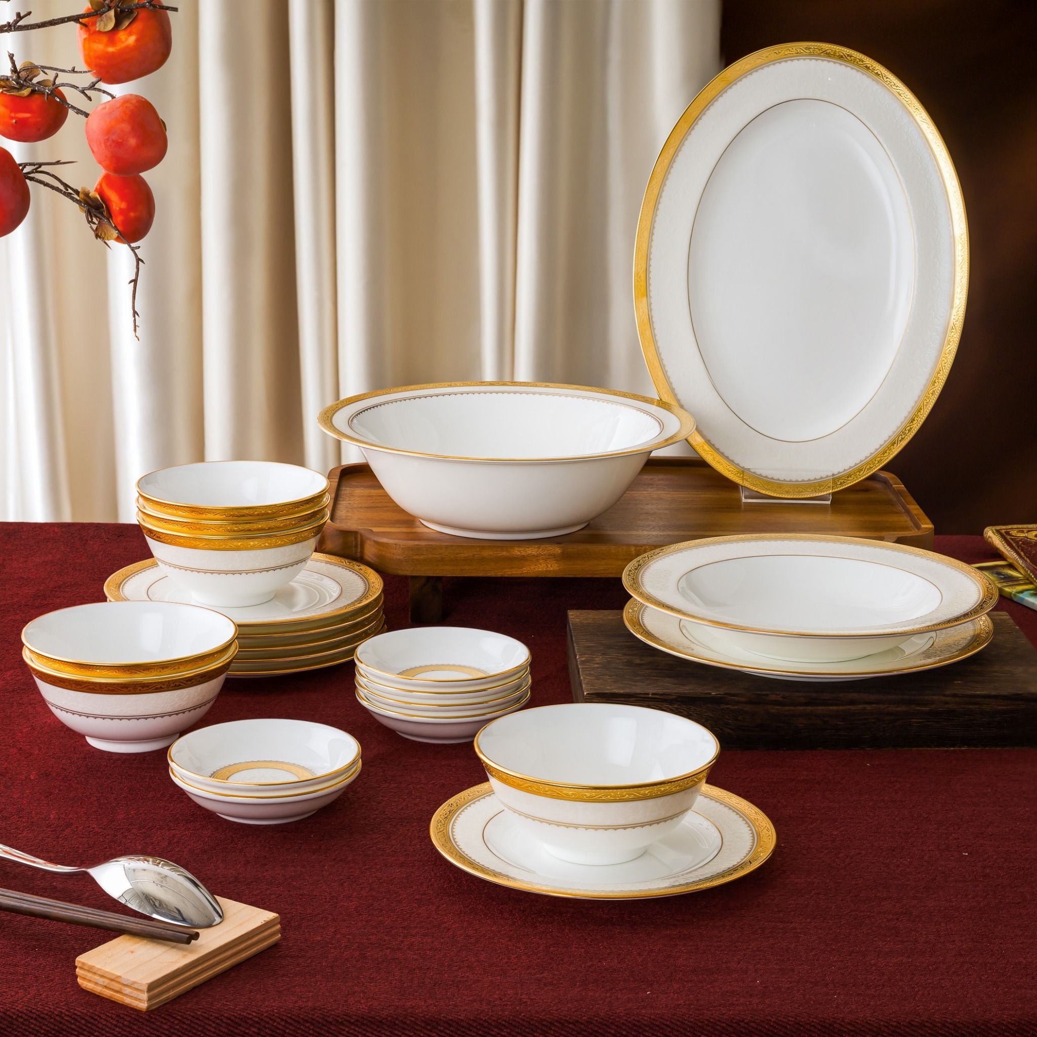 Bộ bát đĩa ăn châu Á cơ bản 22 món (cho 6 người) sứ xương | Noritake Odessa Gold 4874L - D022AB