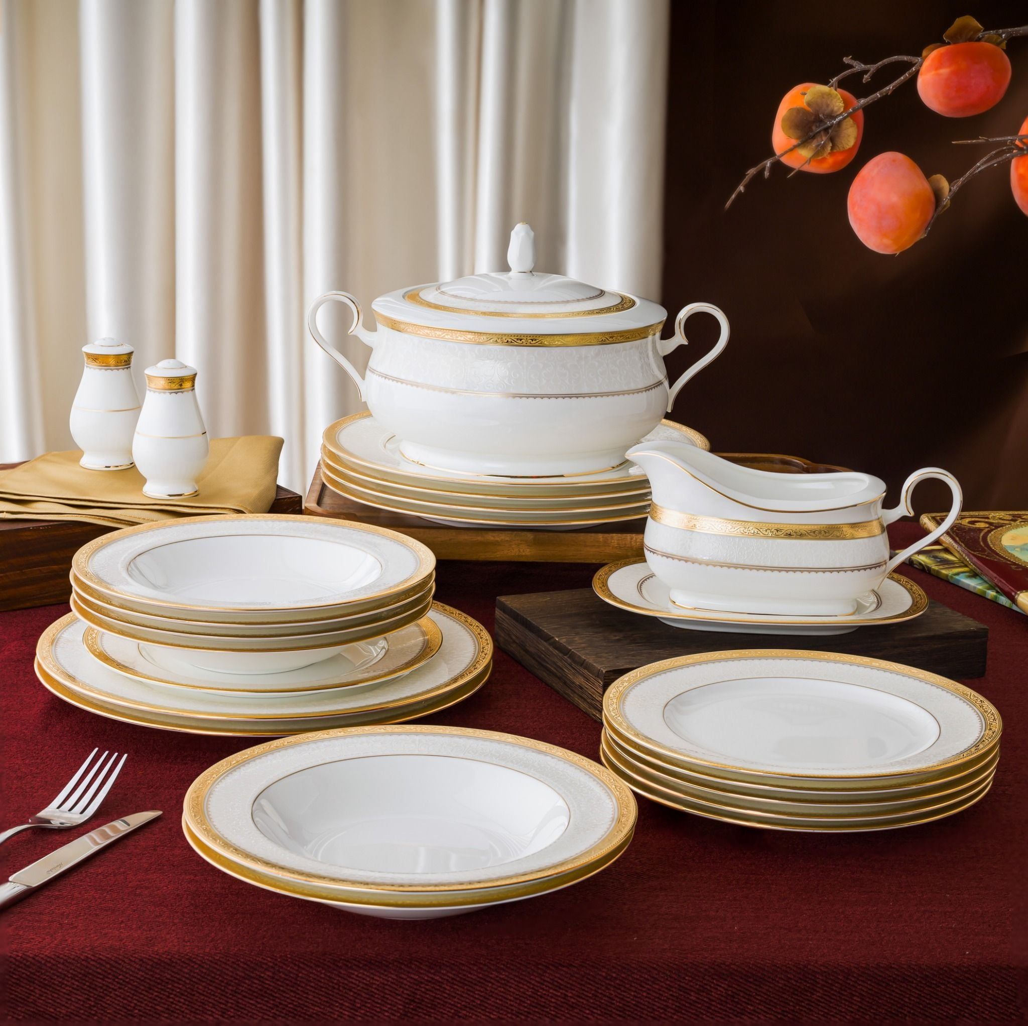 Bộ đĩa ăn kiểu Âu 22 món (cho 6 người) sứ xương | Noritake Odessa Gold 4874L - D024AN