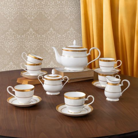  Bộ ấm chén uống trà (ấm 1.300ml, chén 230ml) 15 món sứ xương | Noritake Odessa Gold 4874L - T017A 