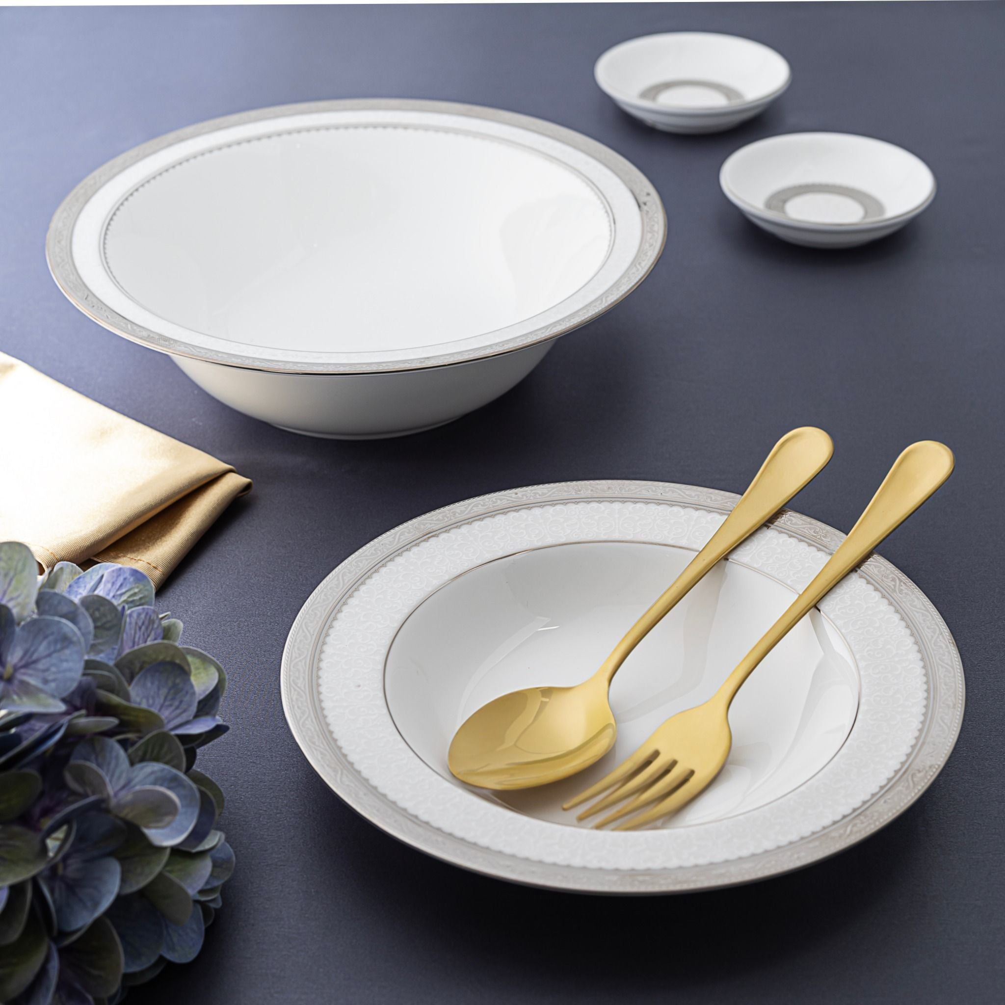 Bộ bát đĩa ăn châu Á đầy đủ 38 món (cho 6 người) sứ xương | Noritake Odessa Platinum 4875L - D038AC