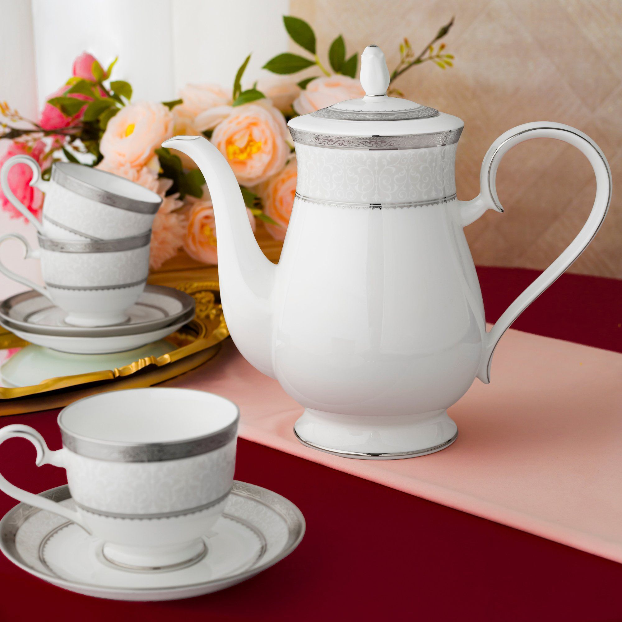 Bộ ấm chén uống trà (ấm 1.550ml, chén 230ml) 15 món sứ xương | Noritake Odessa Platinum 4875L - C017AA