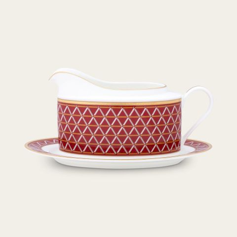  Bình (hũ) đựng nước xốt quai tròn dung tích 620ml kèm đĩa lót sứ xương | Noritake Crochet 4966L - 93640 