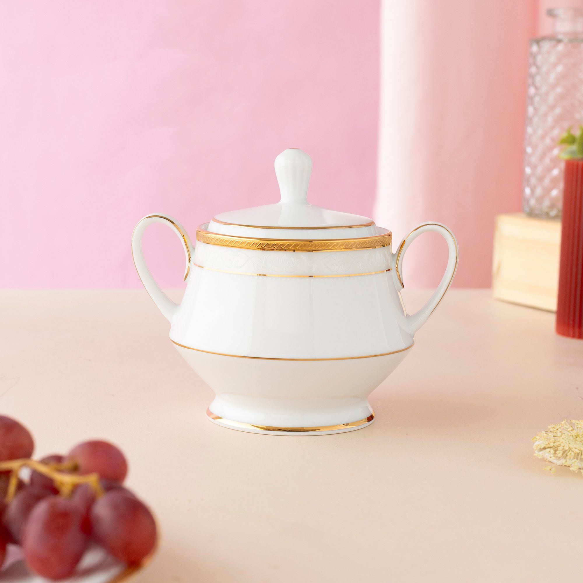 Bình (hũ) đường có nắp đậy dung tích 370ml sứ trắng | Noritake Hampshire Gold 4335L - 91127