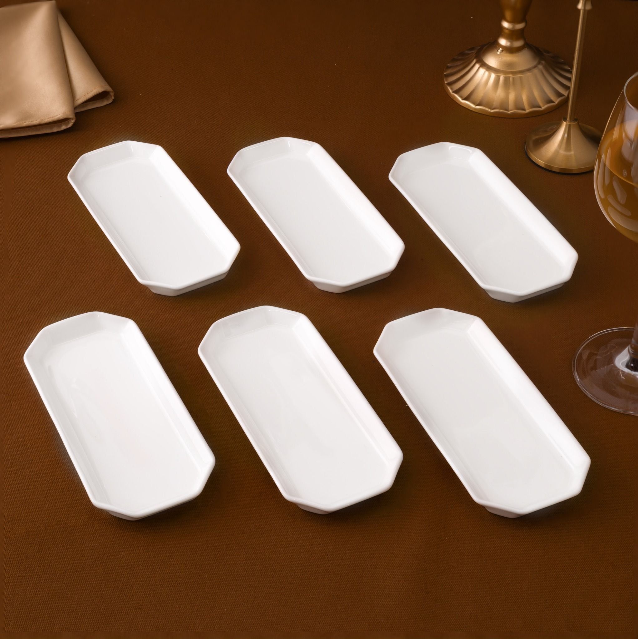 Bộ 06 khay chữ nhật vát cạnh (khay bát giác) dài 18,6cm đựng khăn ướt sứ xương | Noritake Plain White 9990L - S54806A