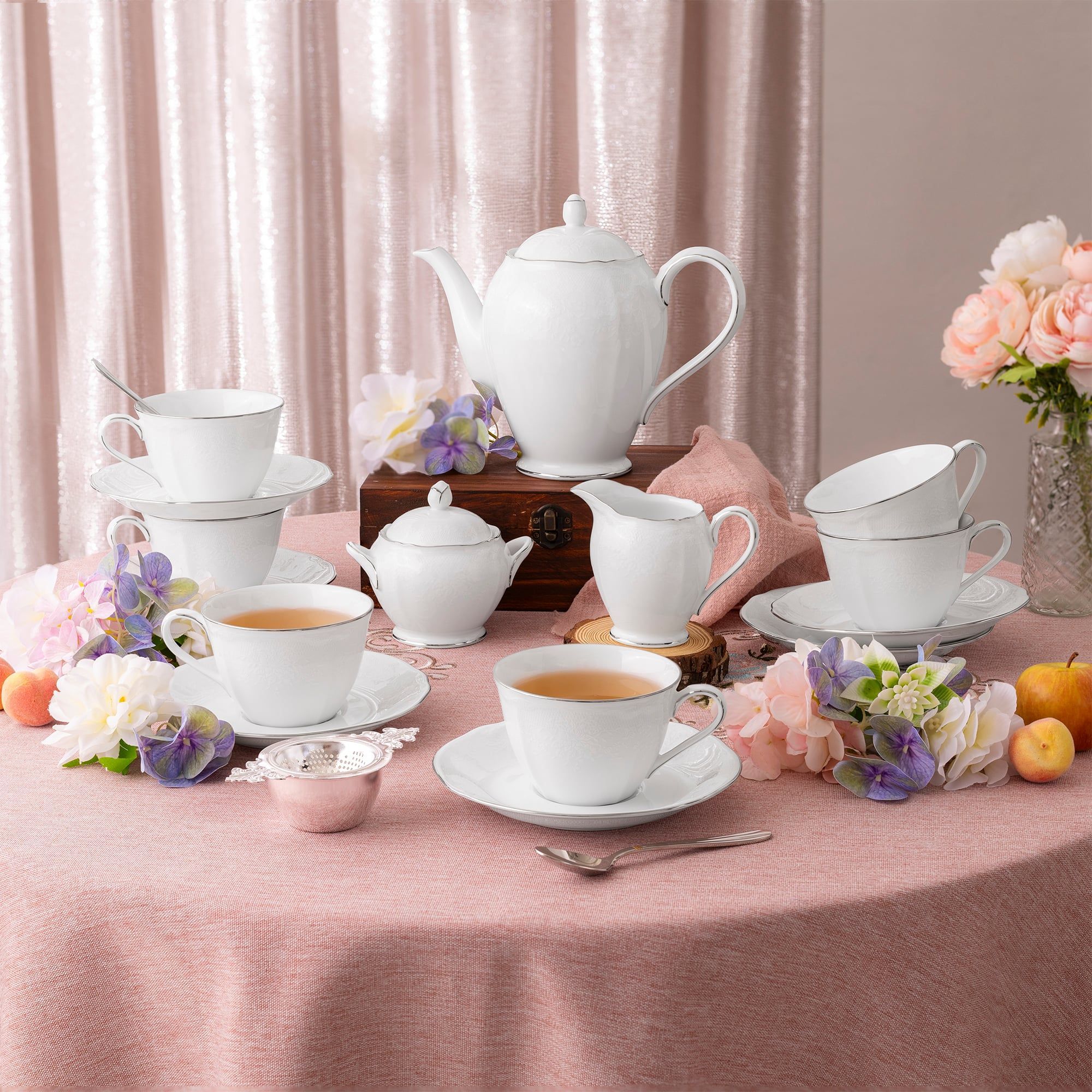 Bộ ấm chén uống trà (ấm 950ml, chén 260ml) 15 món sứ trắng | Noritake Princess Bouquet Platinum 1661L - T017A