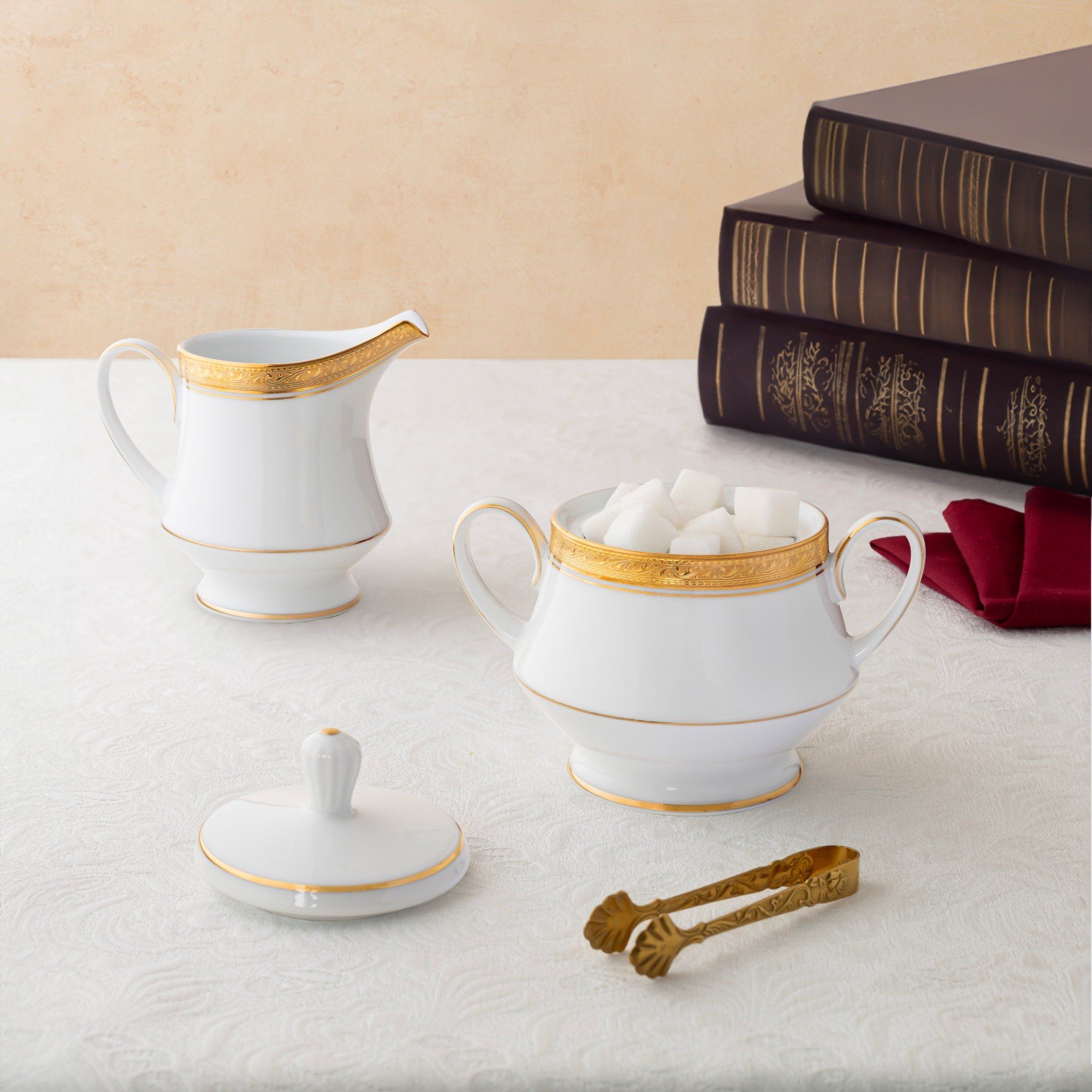 Bộ ấm chén uống trà (ấm 1.200ml, chén 230ml) 15 món sứ trắng | Noritake Crestwood Gold 4167L - T017A