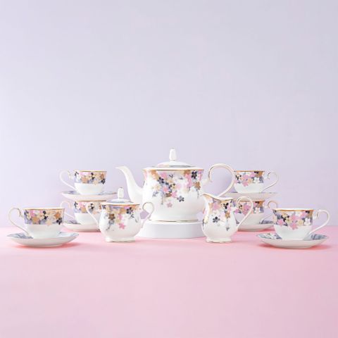  Bộ ấm chén uống trà (ấm 1.300ml, chén 230ml) 15 món sứ xương | Noritake Moonlit Blossoms 4969L - T017A 