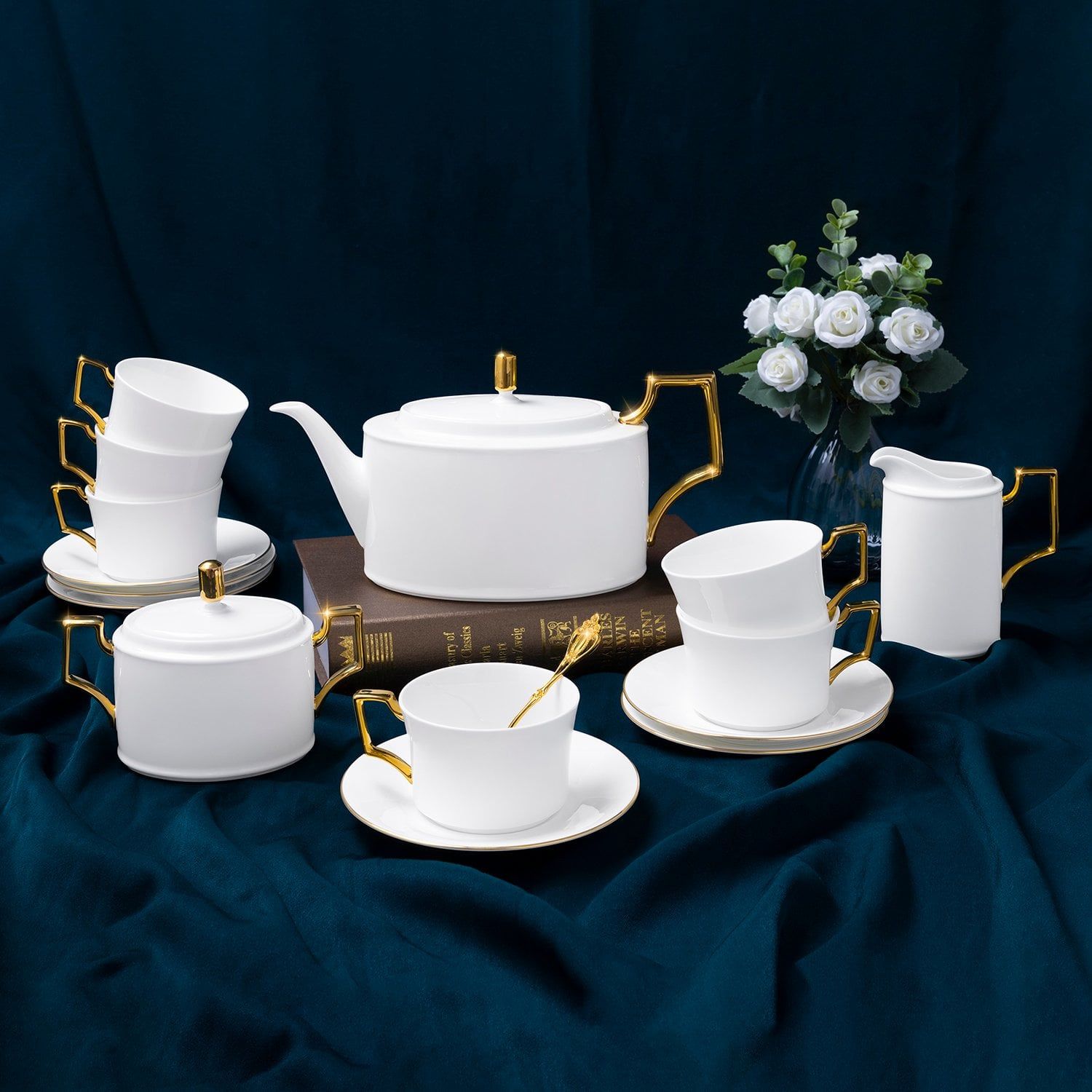 Bộ ấm chén uống trà (ấm 1.280ml, chén 240ml) 15 món sứ xương | Noritake Accompanist 4886L - T017A