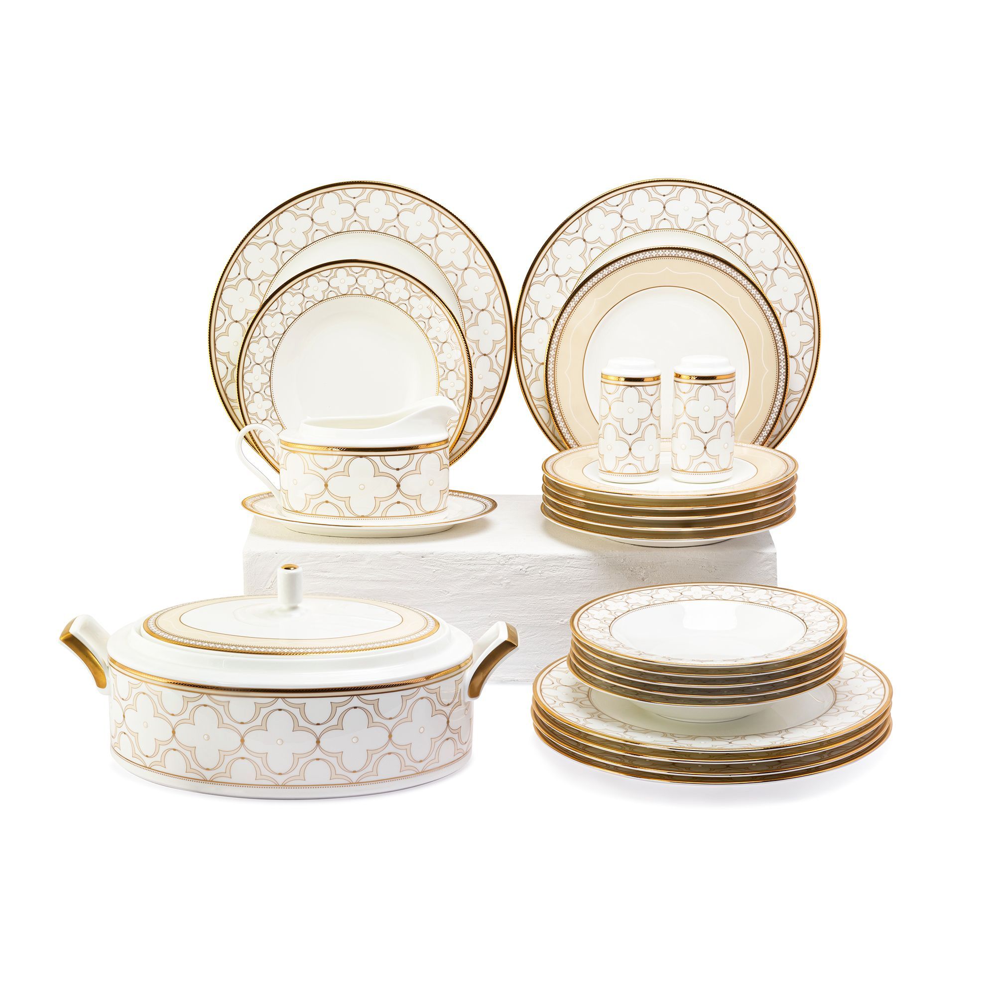 Bộ đĩa ăn kiểu Âu 22 món (cho 6 người) sứ xương | Noritake Trefolio Gold 4945L - D024AP