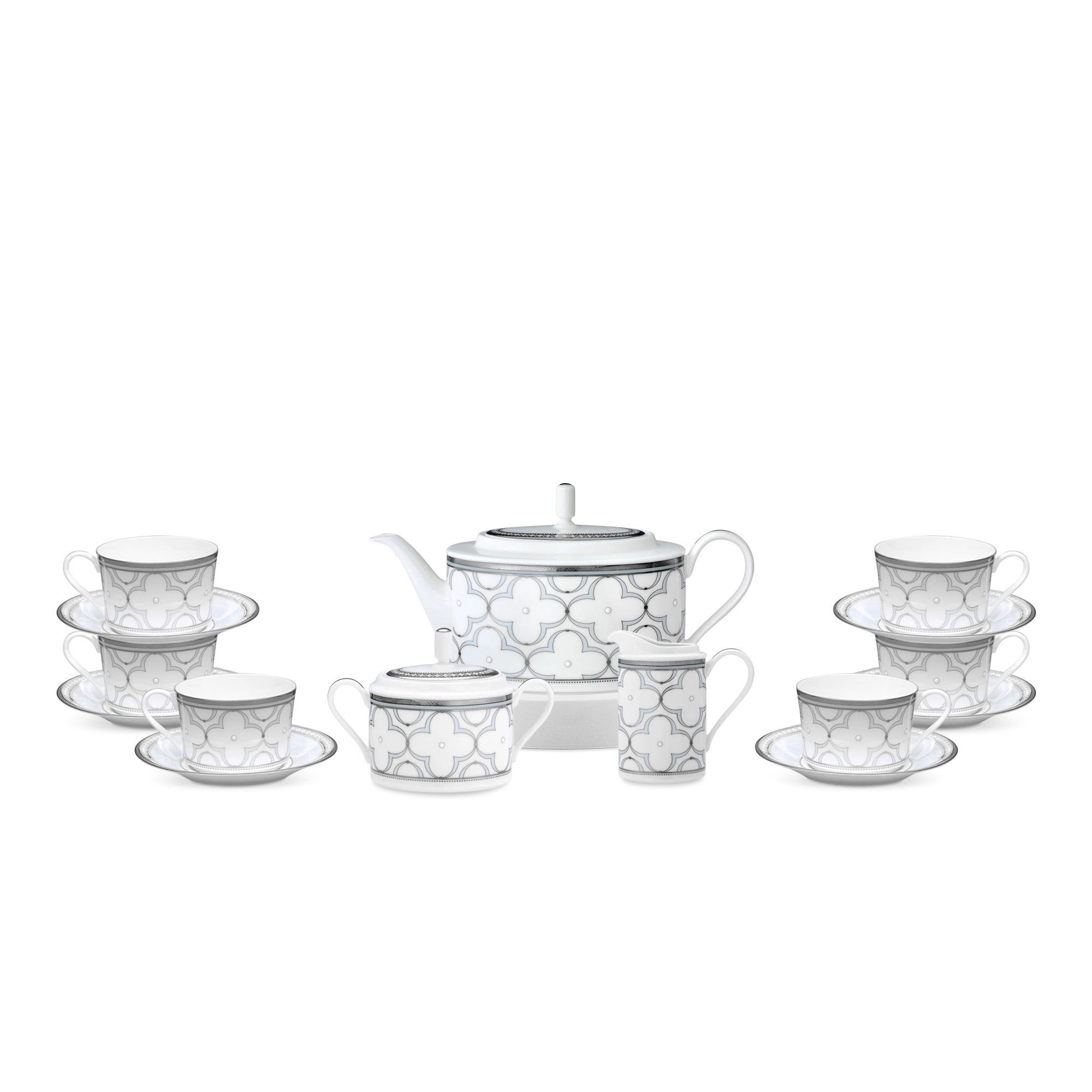 Bộ ấm chén uống trà (ấm 1.250ml, chén 245ml) 15 món sứ xương | Noritake Trefolio Platinum 4957L - T017A