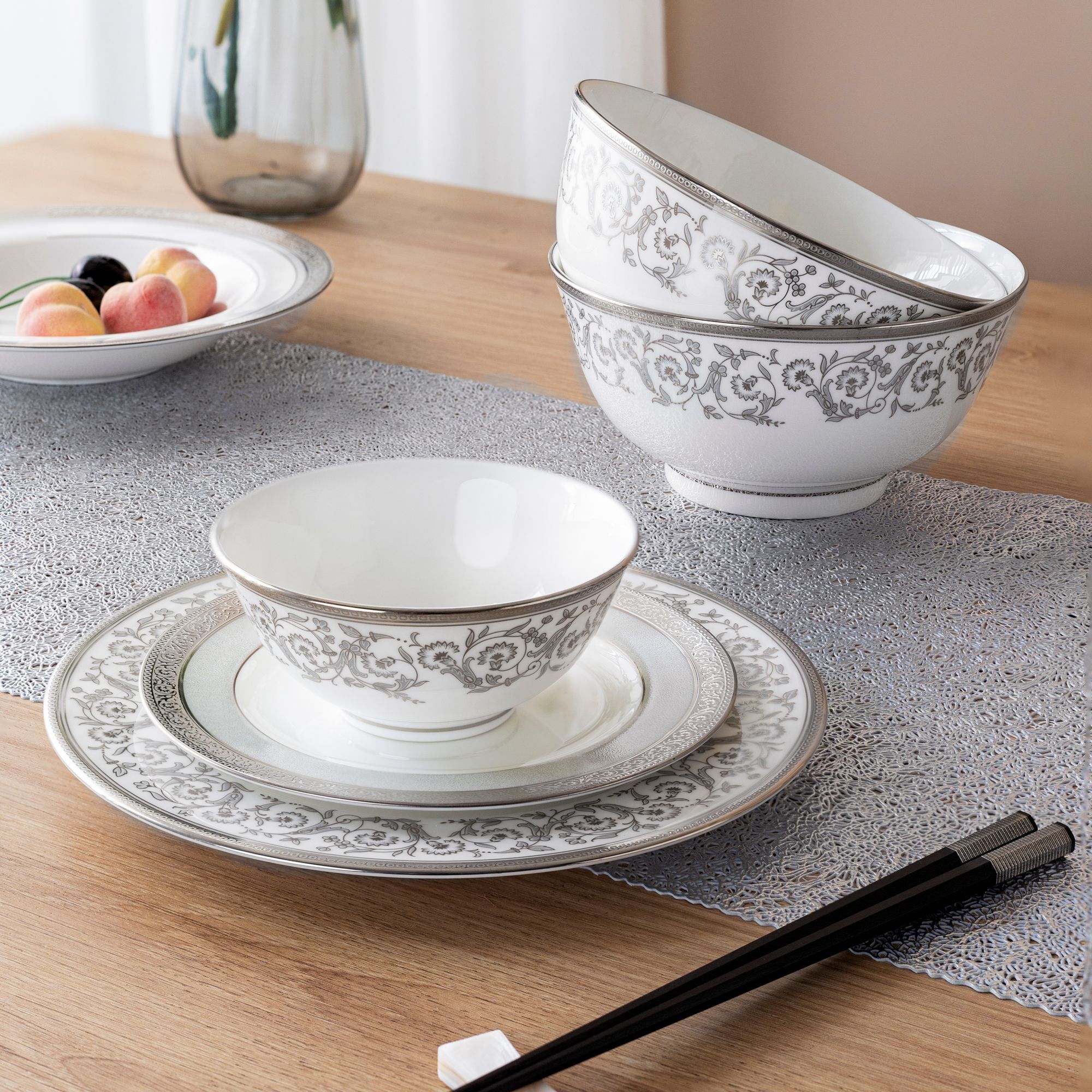 Bộ bát đĩa ăn châu Á cơ bản 22 món (cho 6 người) sứ xương | Noritake Summit Platinum 4919L - D022AB