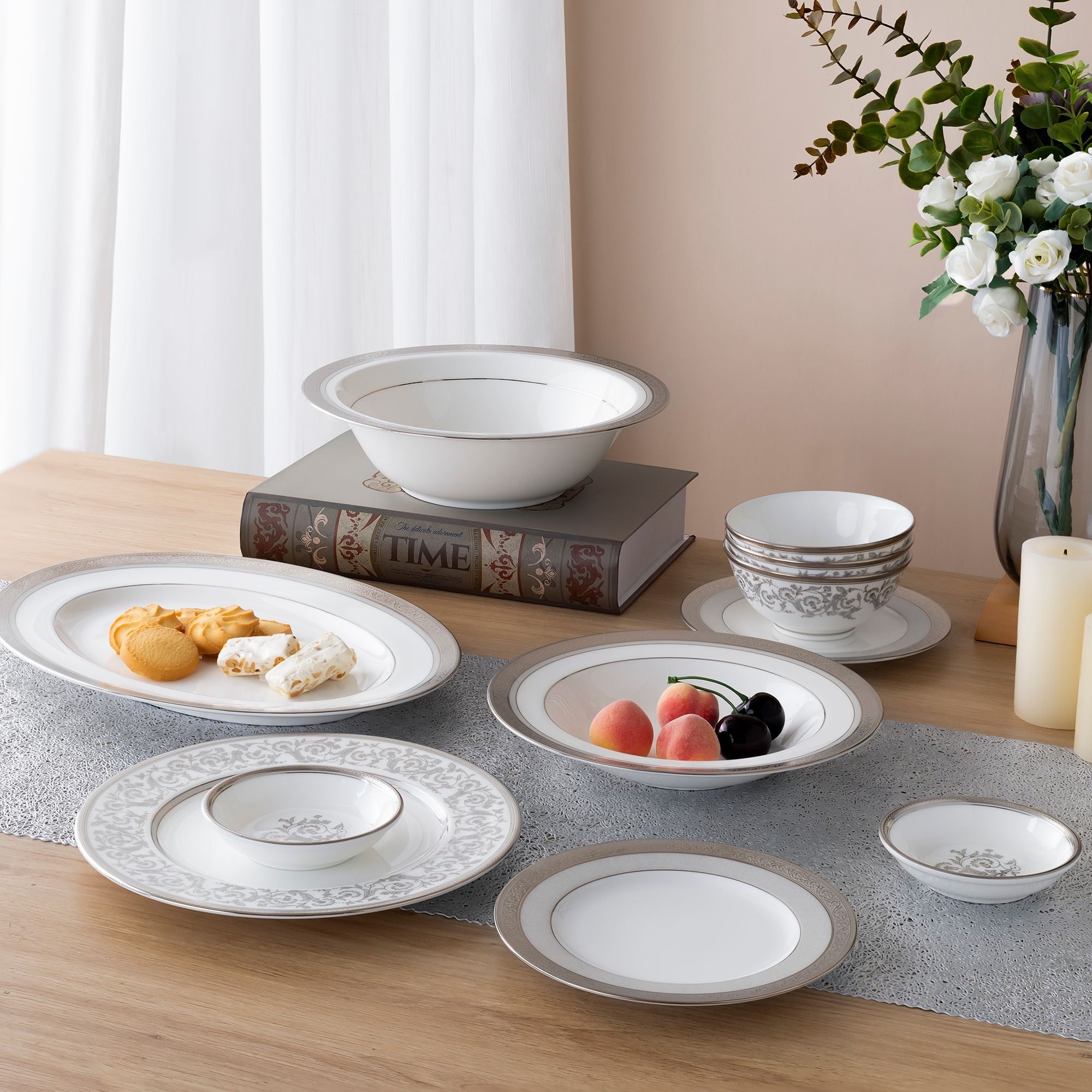 Bộ bát đĩa ăn châu Á đầy đủ 38 món (cho 6 người) sứ xương | Noritake Summit Platinum 4919L - D038AC