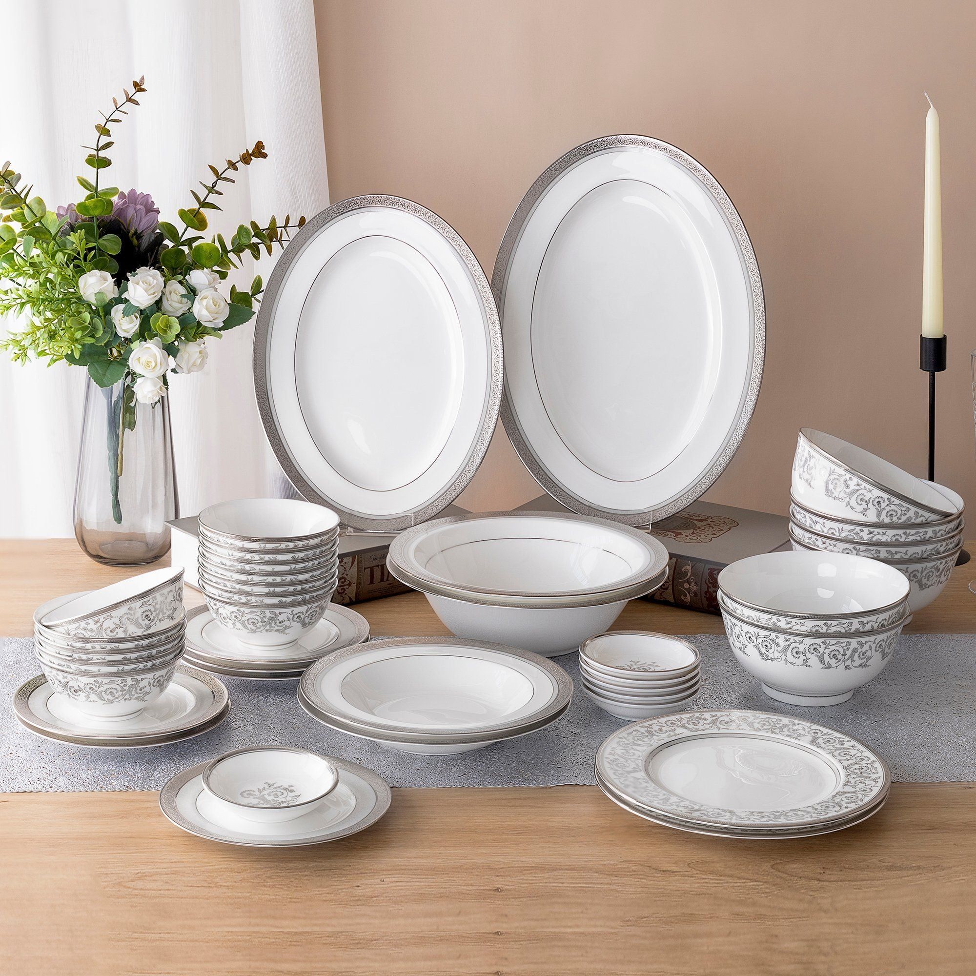 Bộ bát đĩa ăn châu Á đầy đủ 38 món (cho 6 người) sứ xương | Noritake Summit Platinum 4919L - D038AC
