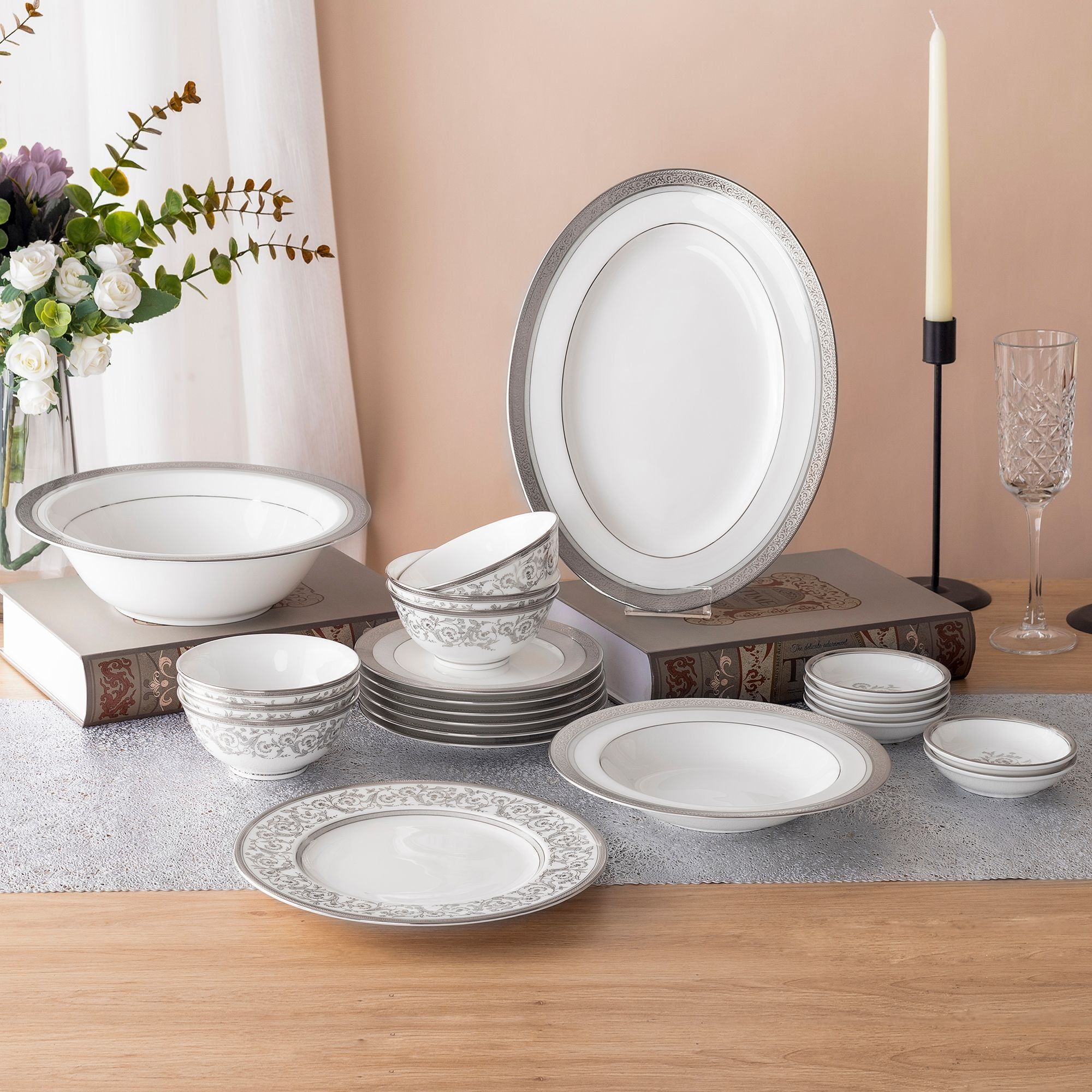 Bộ bát đĩa ăn châu Á cơ bản 22 món (cho 6 người) sứ xương | Noritake Summit Platinum 4919L - D022AB