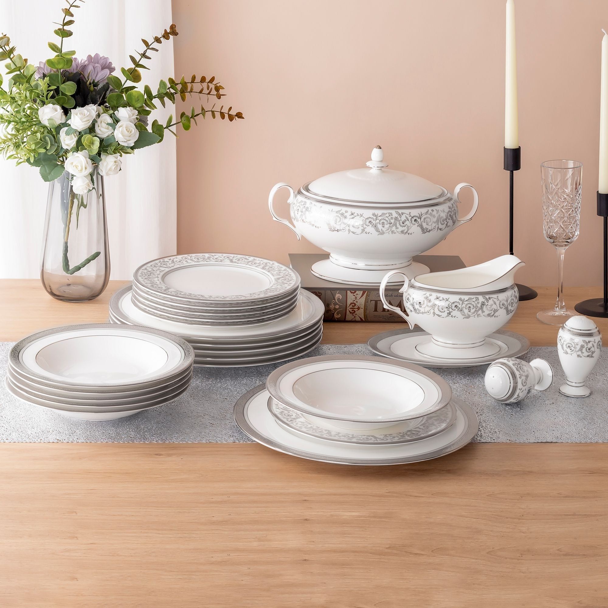 Bộ đĩa ăn kiểu Âu 22 món (cho 6 người) sứ xương | Noritake Summit Platinum 4919L - D024AN