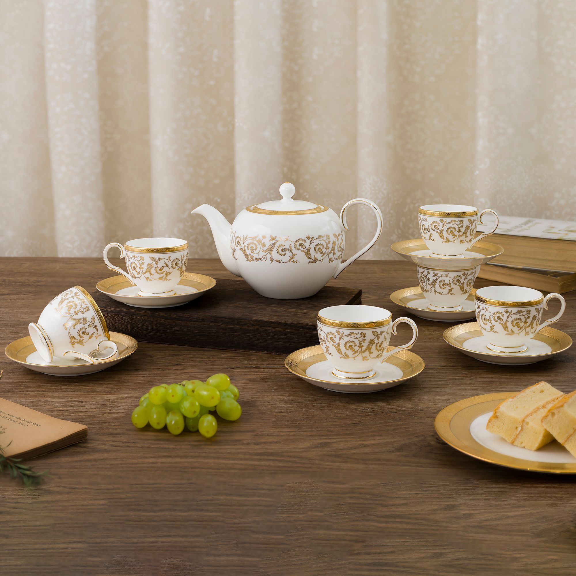 Bộ ấm chén uống trà nhỏ (ấm 650ml, chén 105ml) 13 món sứ xương | Noritake Summit Gold 4912L - T014S