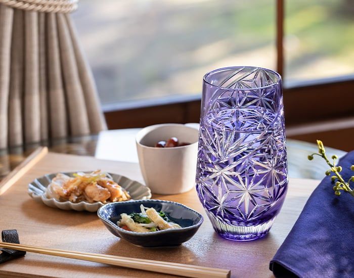 Ly pha lê tumbler Edo Kiriko "Hemp Leaf" dung tích 380ml màu tím | Kagami Crystal T777 - 3028-CMP