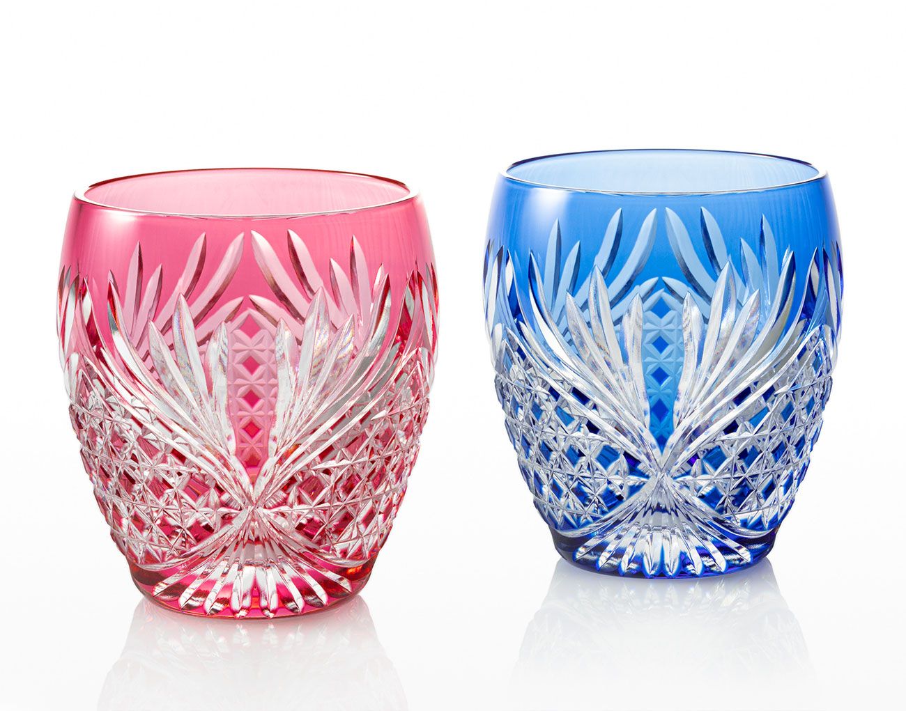 Cặp ly pha lê rock glass Edo Kiriko "Deer Antler" dung tích 300ml hai màu xanh - đỏ | Kagami Crystal TPS752 - 2964-AB